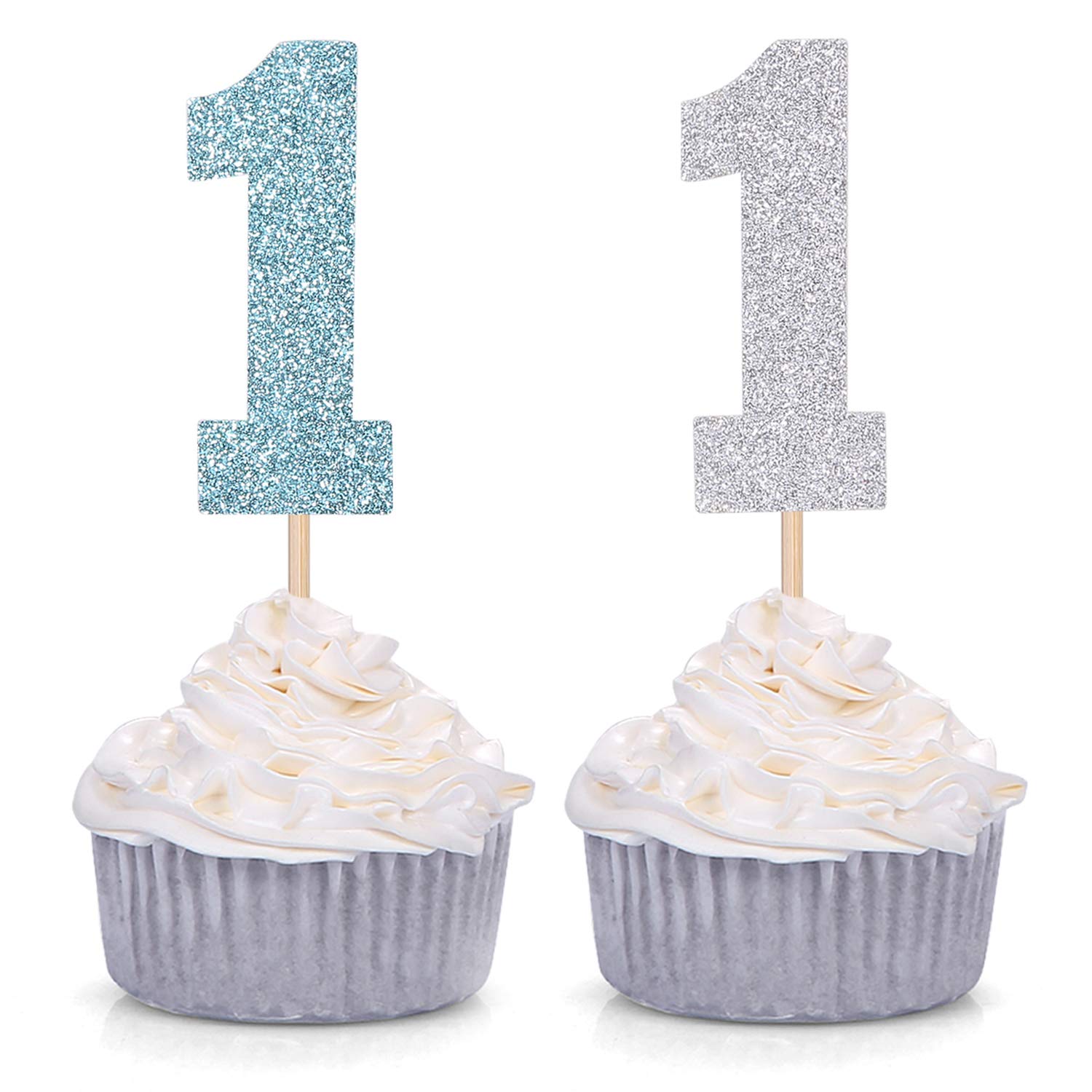 24 Pack Blue and Silver Glitter Cupcake Toppers - Baby Boy 1st Birthday Party Decorations - Perfect for Birthday Cakes, Baby Showers, and Gender Reveal Parties