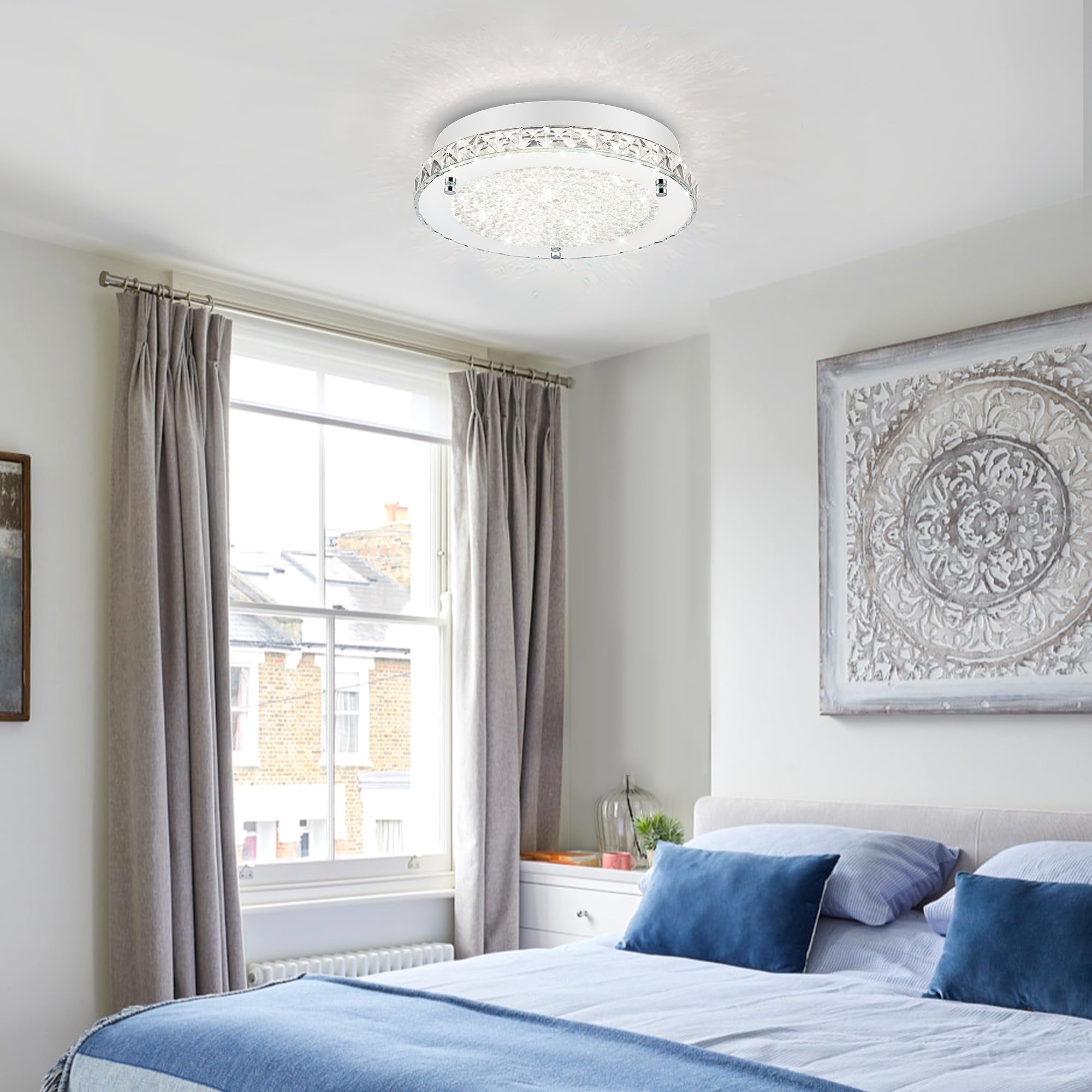 Dimmable Crystal LED Ceiling Light Fixture - 24W 4000K Daylight Flush Mount for Kitchen, Bedroom, Bathroom & Living Room | Elegant Lighting for Hallways & Home Decor