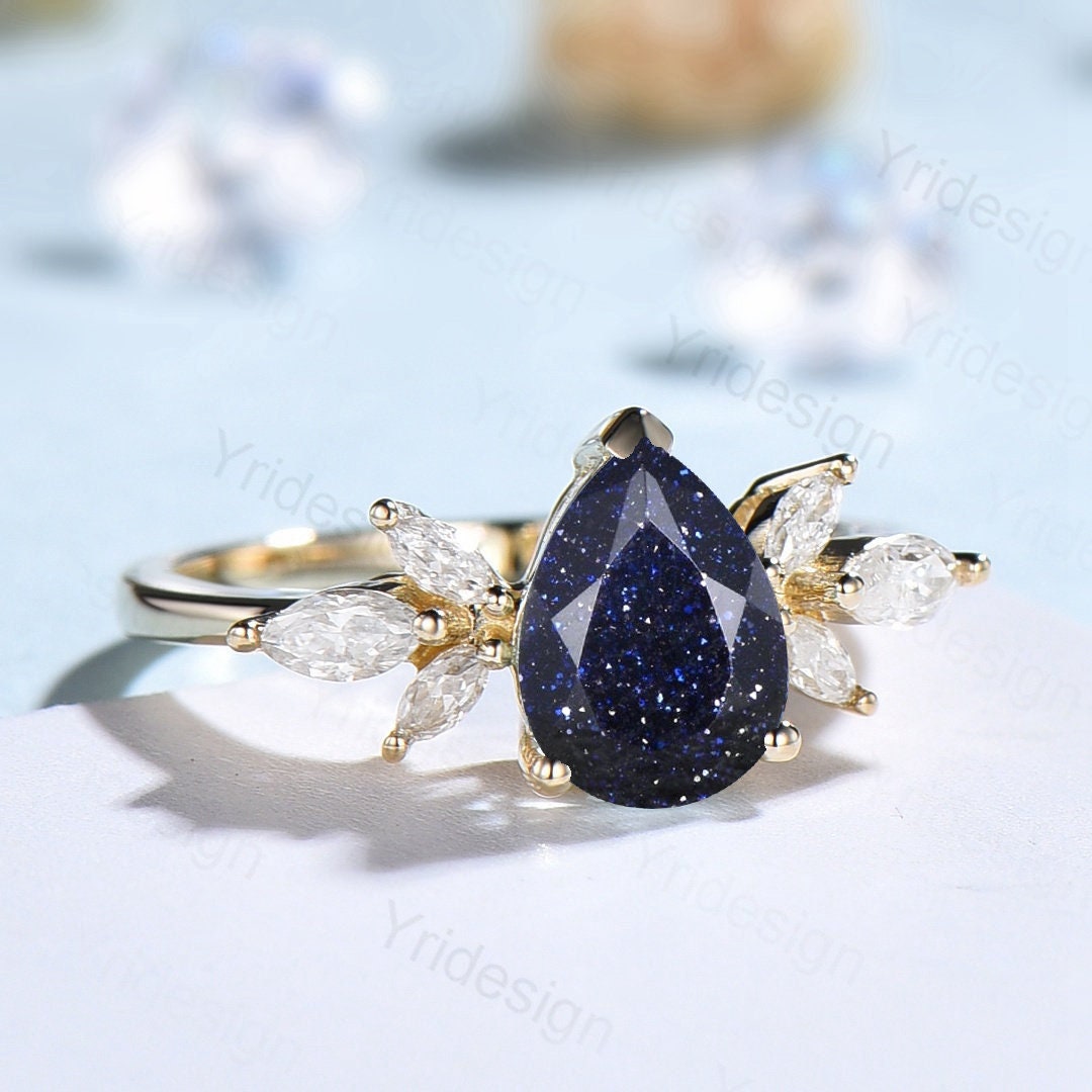 Blue Sandstone Pear Shape Ring - Vintage Galaxy Starry Sky Engagement Ring with Marquise Blue Sapphire Cluster, Women's Wedding Band & Proposal Gift for Anniversary, Valentine's Day & Special Occasions