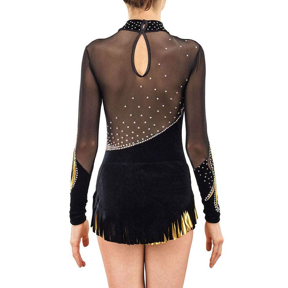 Handmade Black Jeweled Diamond Look Long Sleeve Gymnastics Leotard for Women & Girls - Competition Dance & Figure Skating Dress (Size Child 8) - Perfect for Rhythmic Gymnastics, Artistic Performances & Ice Skating Shows