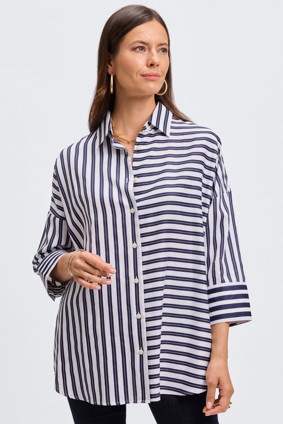 Avery Double Stripe 3/4 Sleeve Casual Shirt for Women - Stylish & Comfortable Top for Office, Date Night & Everyday Wear