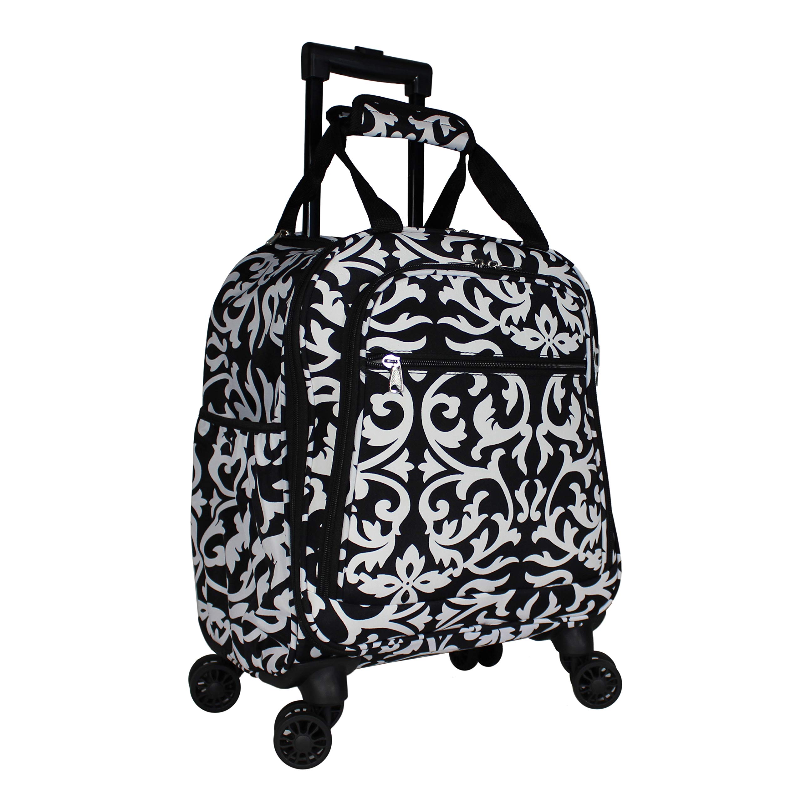 World Traveler 18-Inch Lightweight Spinner Carry-On Luggage - Stylish Prints, Compact & Durable Black Trim Damask Suitcase for Air Travel, Business Trips & Weekend Getaways