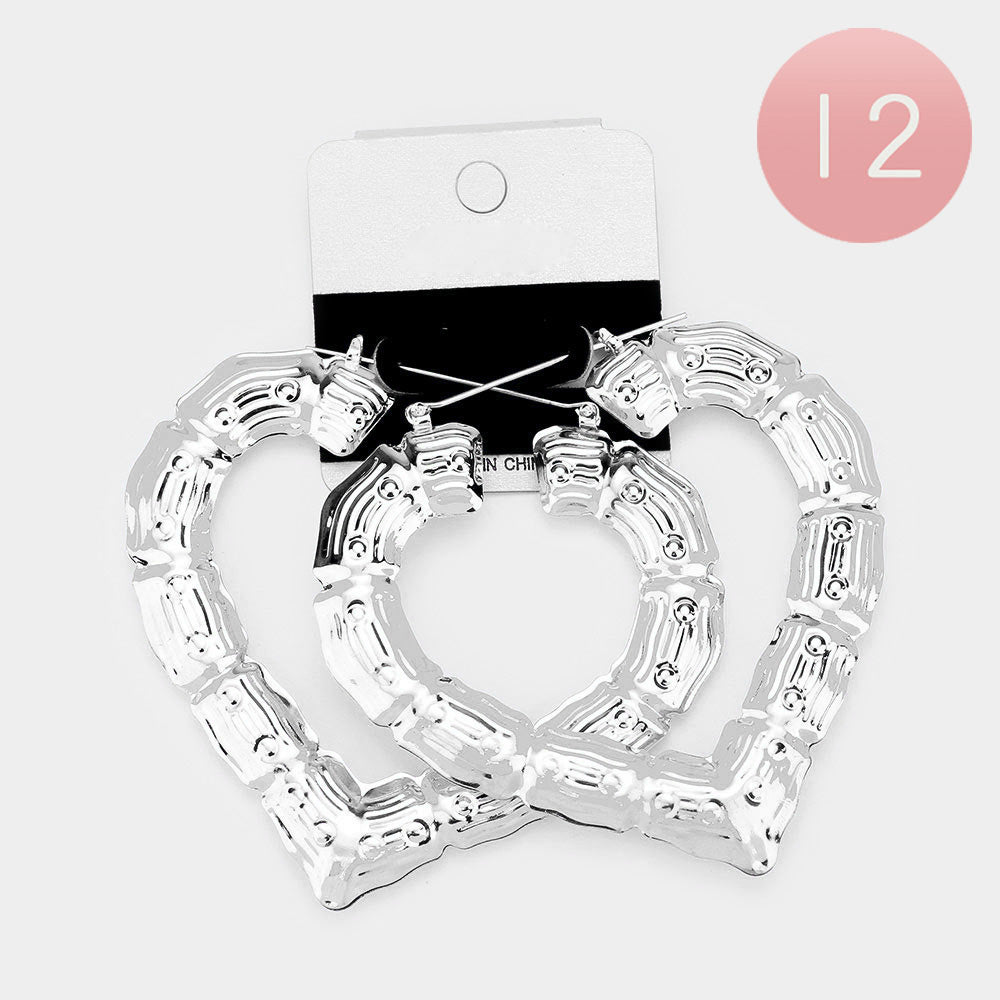 12 Pairs Medium Metal Bamboo Heart Pin Catch Earrings for Women - Fashion Boho Dangle Drop Earrings for Daily Wear, Parties & Gifts