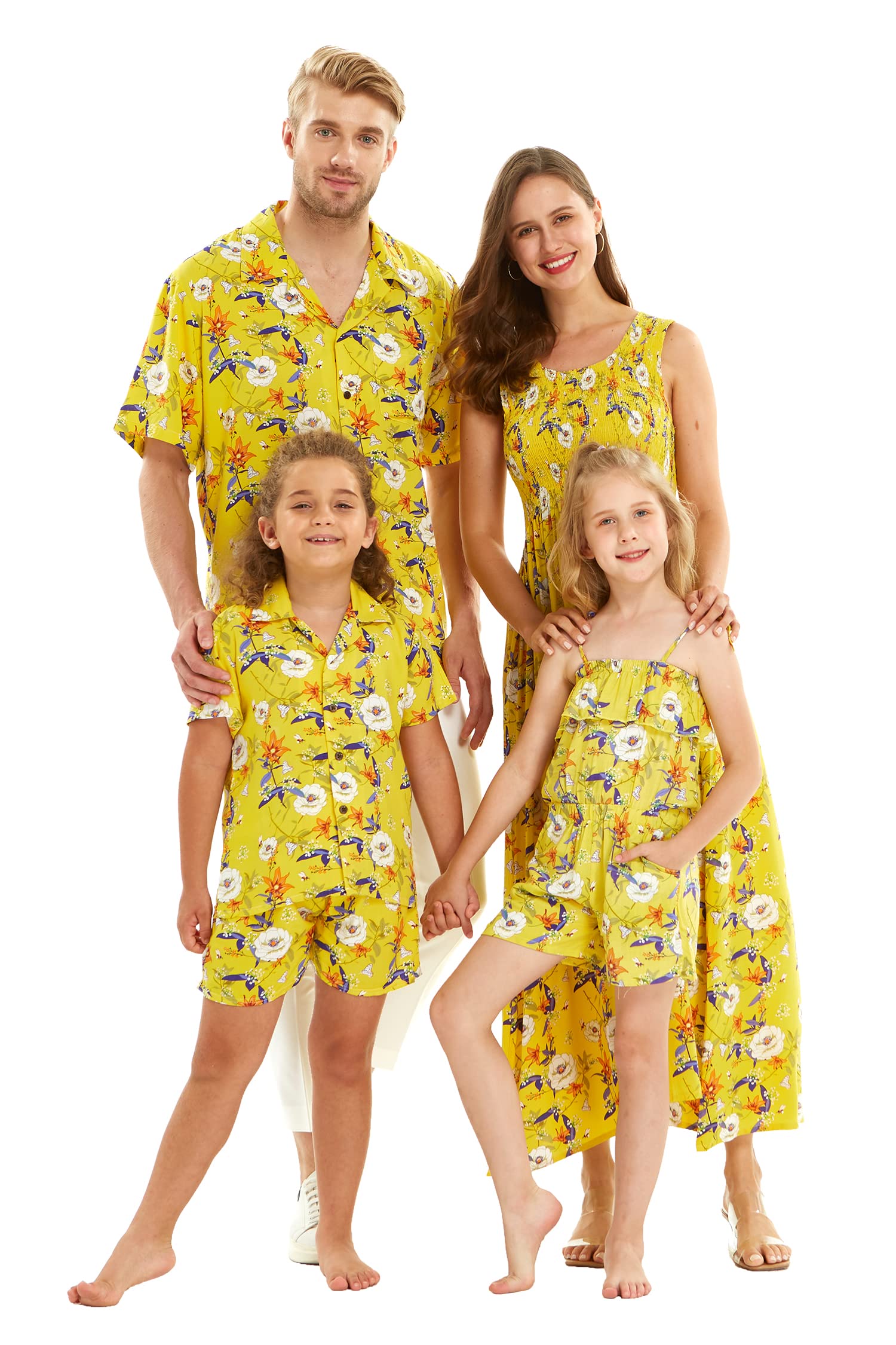Hawaiian Luau Outfits for Family - Matching Men, Women, Girls & Boys Aloha Shirts in Vibrant Garden Poppy Yellow | Perfect for Beach Parties, Summer Vacations & Tropical Themed Events