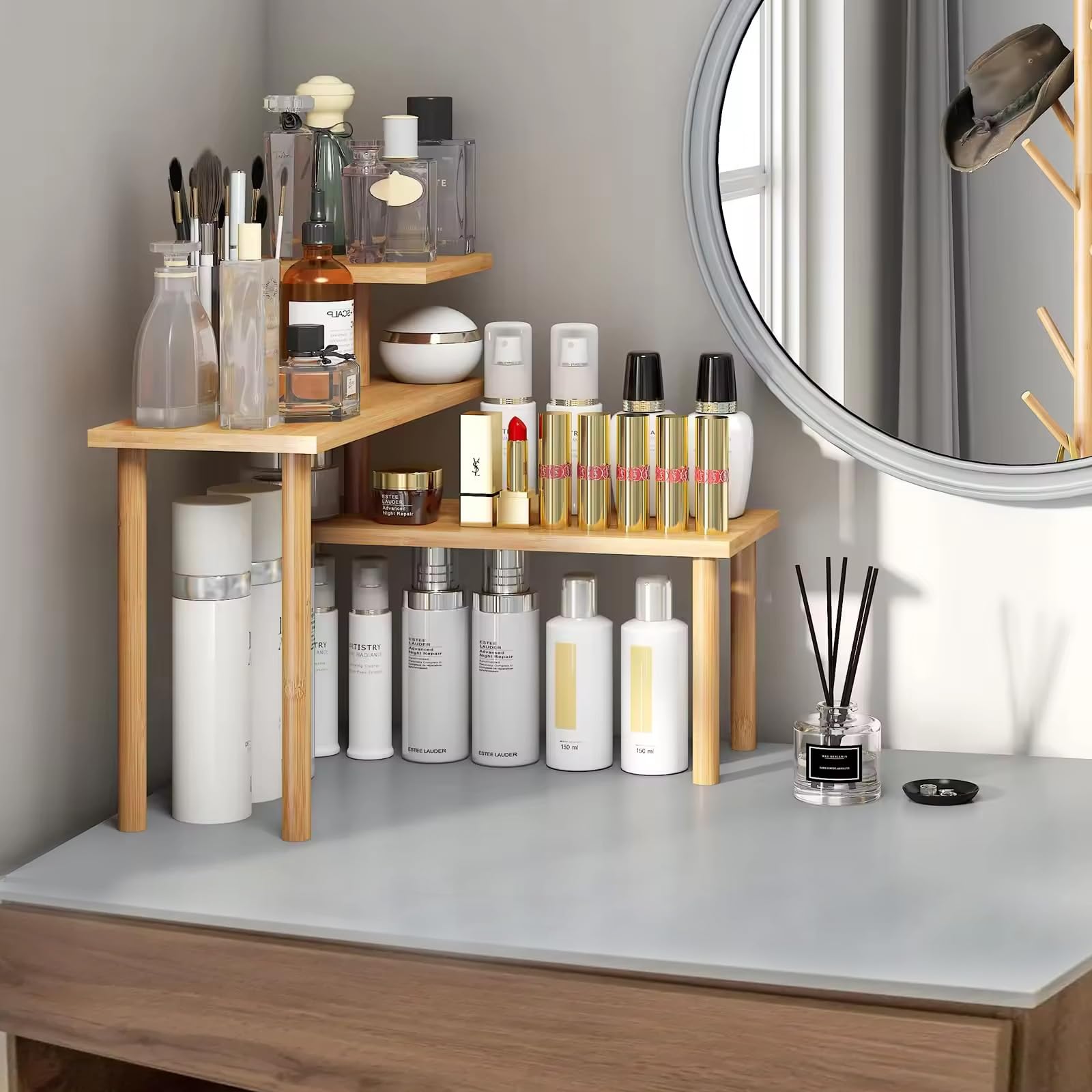Premium Bamboo Kitchen Counter Organizer - 3-Tier Spice & Oil Shelf Rack for Kitchen Storage, Wooden Corner Shelf - Golden Brown | Perfect for Spice Organization, Makeup Display & Office Storage