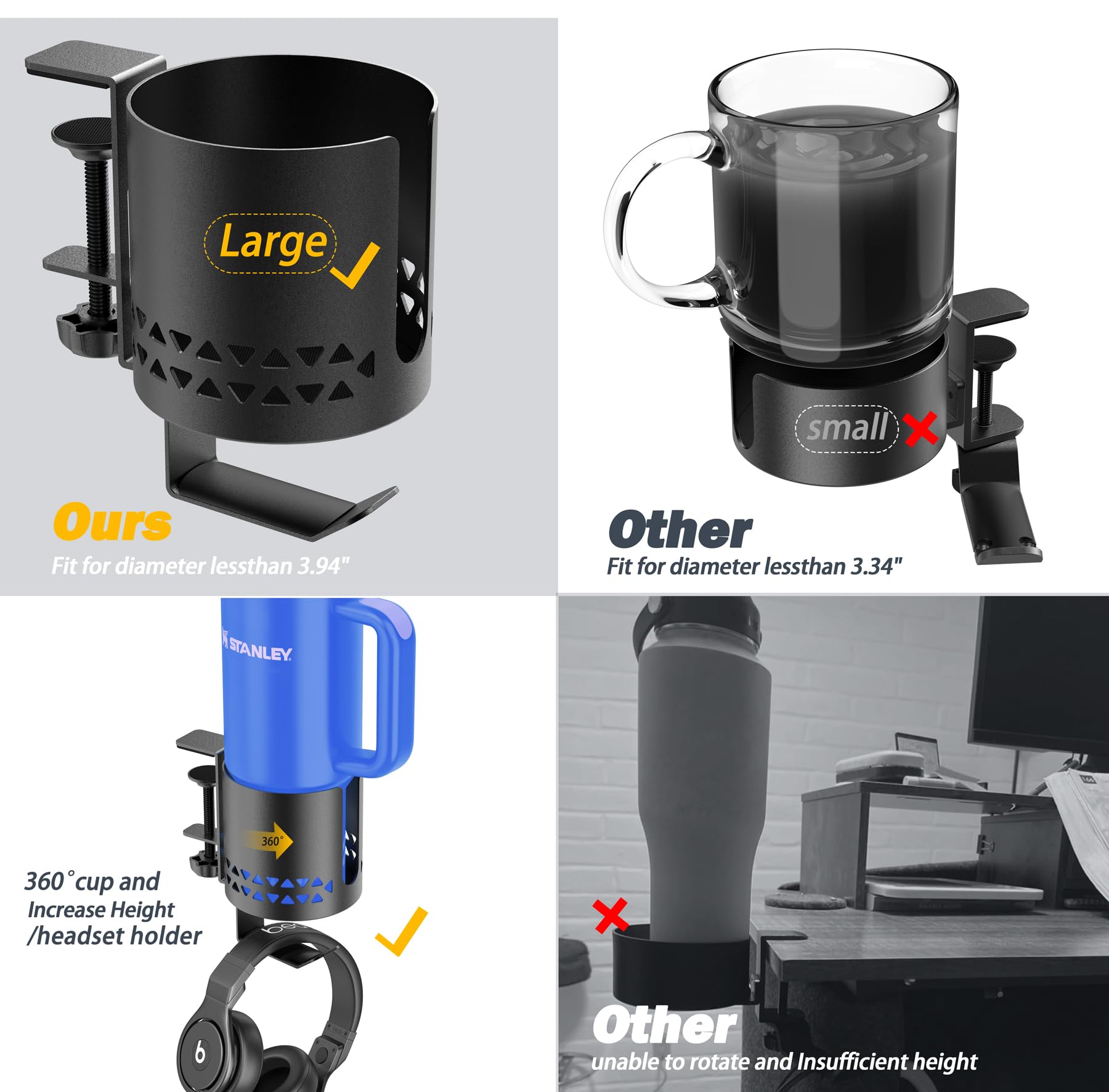 360° Rotating 2-in-1 Deeper Desk Cup Holder with Headphone Hanger - Sturdy Clamp for YETI Stanley Bottles - Perfect Gaming & Office Desk Accessory for PC Setup, Workstation, or Home Office Organization