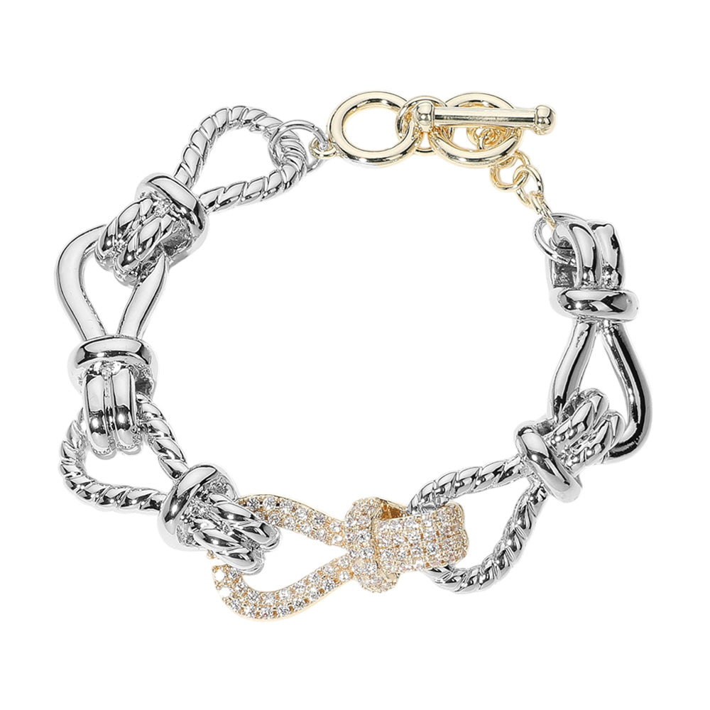 14K Gold Plated Two Tone CZ Rope Knot Link Toggle Bracelet for Women - Elegant Adjustable Fashion Jewelry Gift for Birthday, Anniversary & Special Occasions