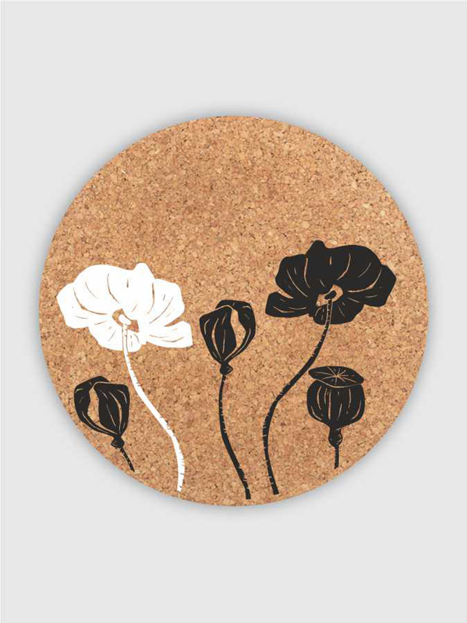 Eco-Friendly Cork Trivet Placemat Set - Round Heat Resistant Cork Coasters for Dining Table, Kitchen Counter - Perfect for Hot Pots, Pans & Dishes - Poppy Love Design