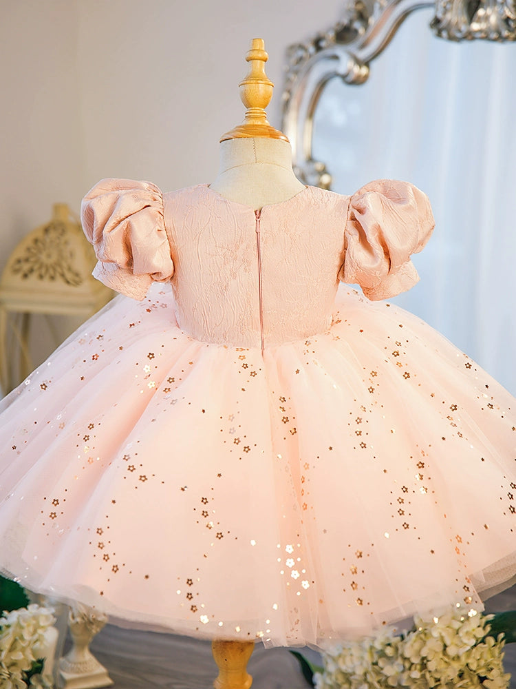 Pink Princess Round Tea Length Satin Flower Girl Dress for Weddings, Flower Girls, and Special Occasions