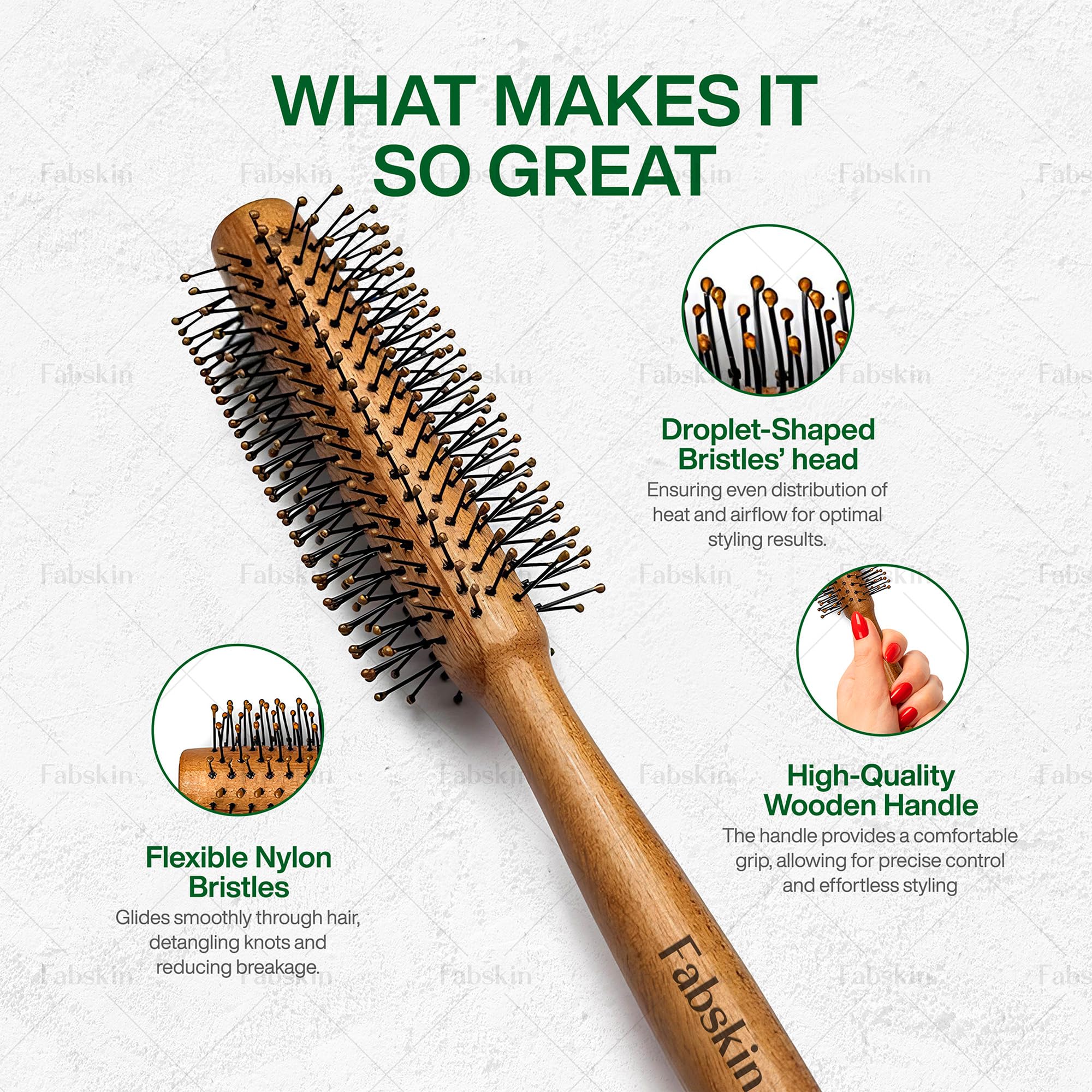 Fabskin Wooden Round Hair Brush for Men & Women - Volumizing, Curling, Straightening & Blowout Styling Tool with Scalp Massage | Perfect for Salon-Quality Waves, Volume & Quick Drying at Home or On-the-Go