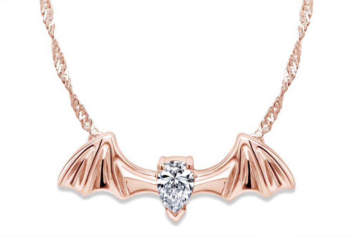 925 Sterling Silver Pear Shape Simulated CZ Flying Bat Pendant Necklace for Women - Gothic Jewelry for Halloween, Cosplay & Everyday Fashion Accessories