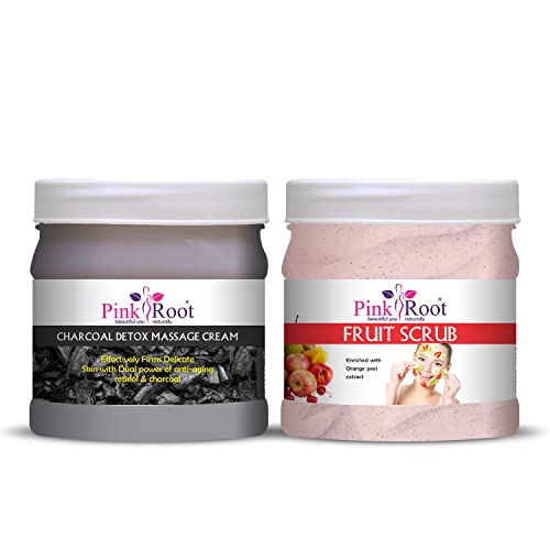 Organic Pink Root Charcoal Cream & Fruit Scrub Set - 500g Each | Natural Skin Brightening & Exfoliating Treatment | Perfect for Acne-Prone Skin & Blackhead Removal | Spa Day & At-Home Skincare Routine