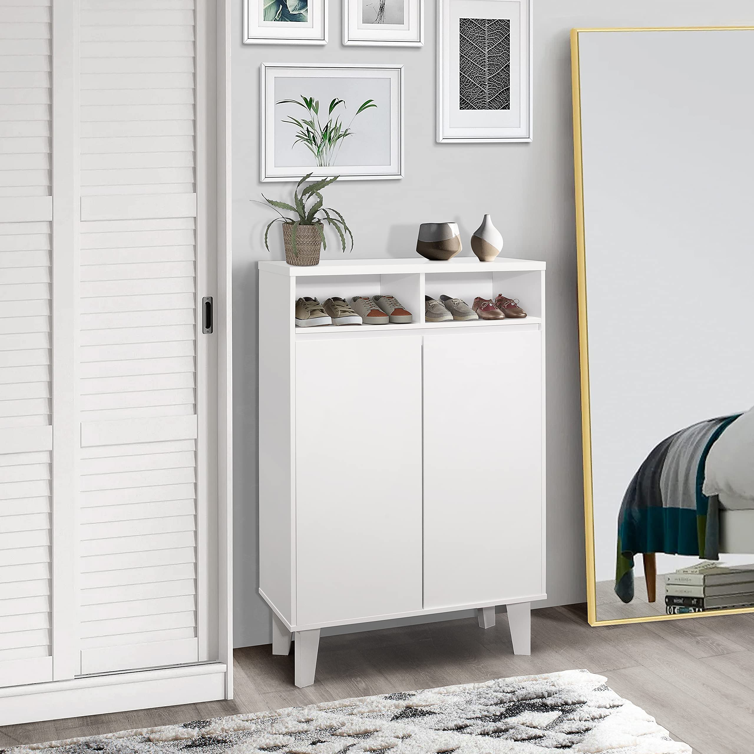 Kings Brand Furniture - Elgin Modern 2-Door Shoe Storage Cabinet with Open Shelf, White - Perfect for Entryway, Closet & Bedroom Organization