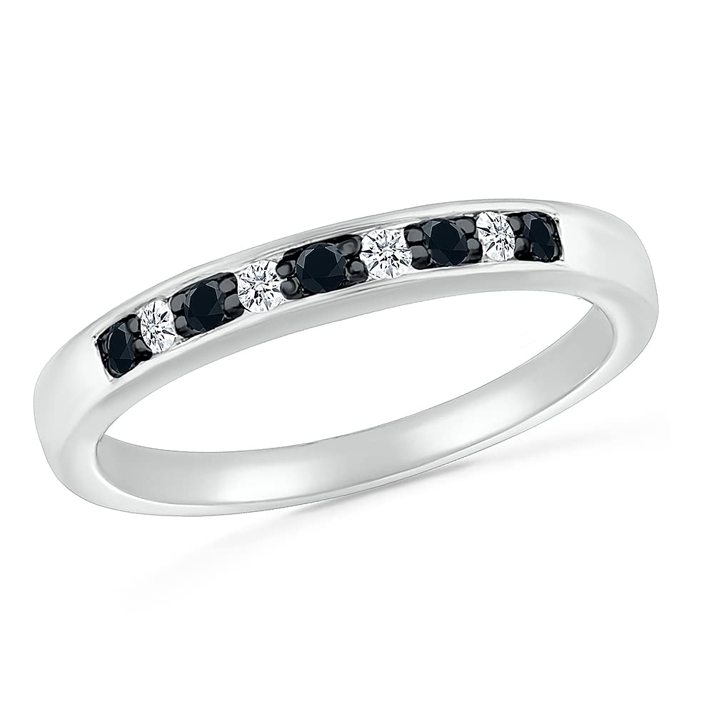 10KT White Gold Black and White Round Diamond Fashion Band Ring (1/5 CTTW) - Perfect for Weddings, Anniversaries & Everyday Elegance