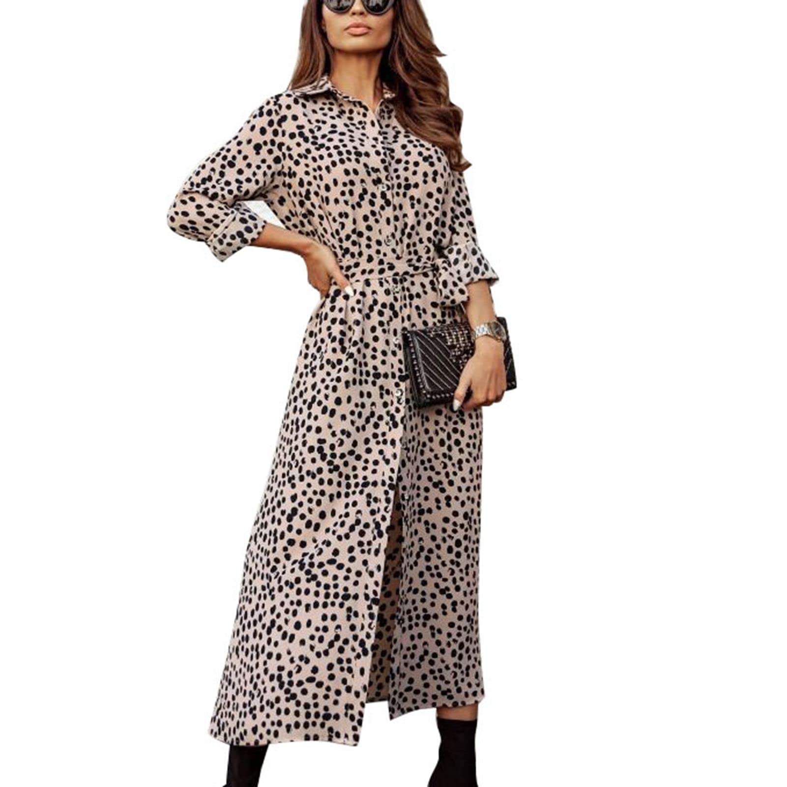 Estink Women's Floral Print Long Sleeve Button Down Shirt Dress with Tie Straps & Lapel - Casual Loose Maxi Dress for Spring, Summer, Beach, Vacation & Date Night