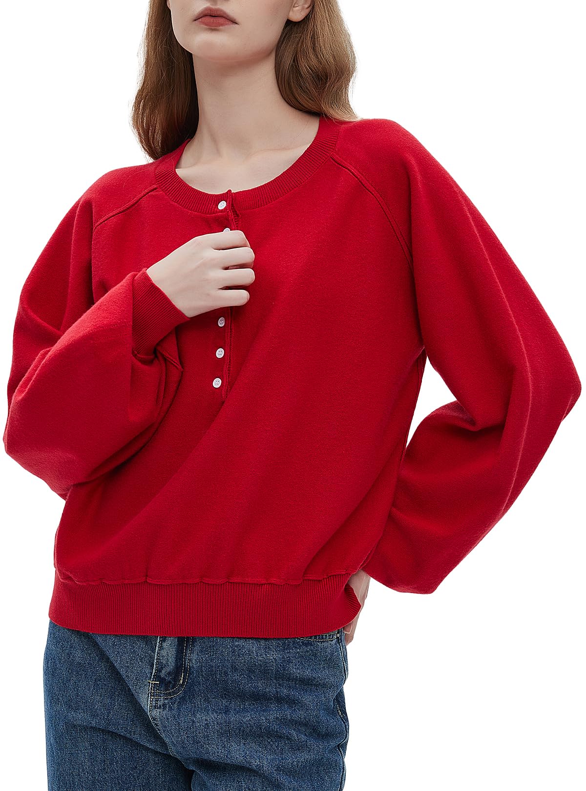 Ladyful Women's Long Sleeve Henley Sweatshirt - Button Up V Neck Pullover Sweater - Loose Cropped Casual Tops for Fall & Winter | Perfect for Work, Date Night & Weekend Outfits