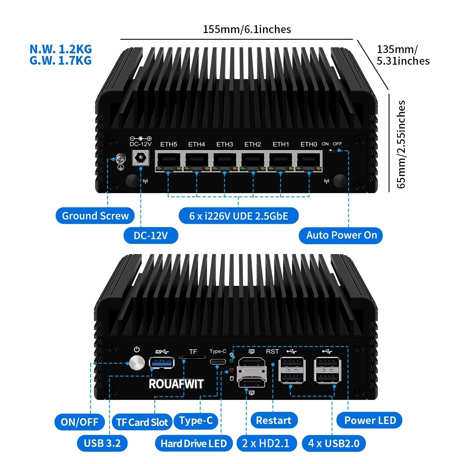 ROUAFWIT Micro Firewall N100 12th Gen Fanless Mini PC - 8GB DDR5 RAM, 512GB SSD, 6x 2.5Gbe i226-V Ethernet, Windows/OPNsense Compatible - Perfect for Home Network Security, VPN Server, and Firewall Appliance