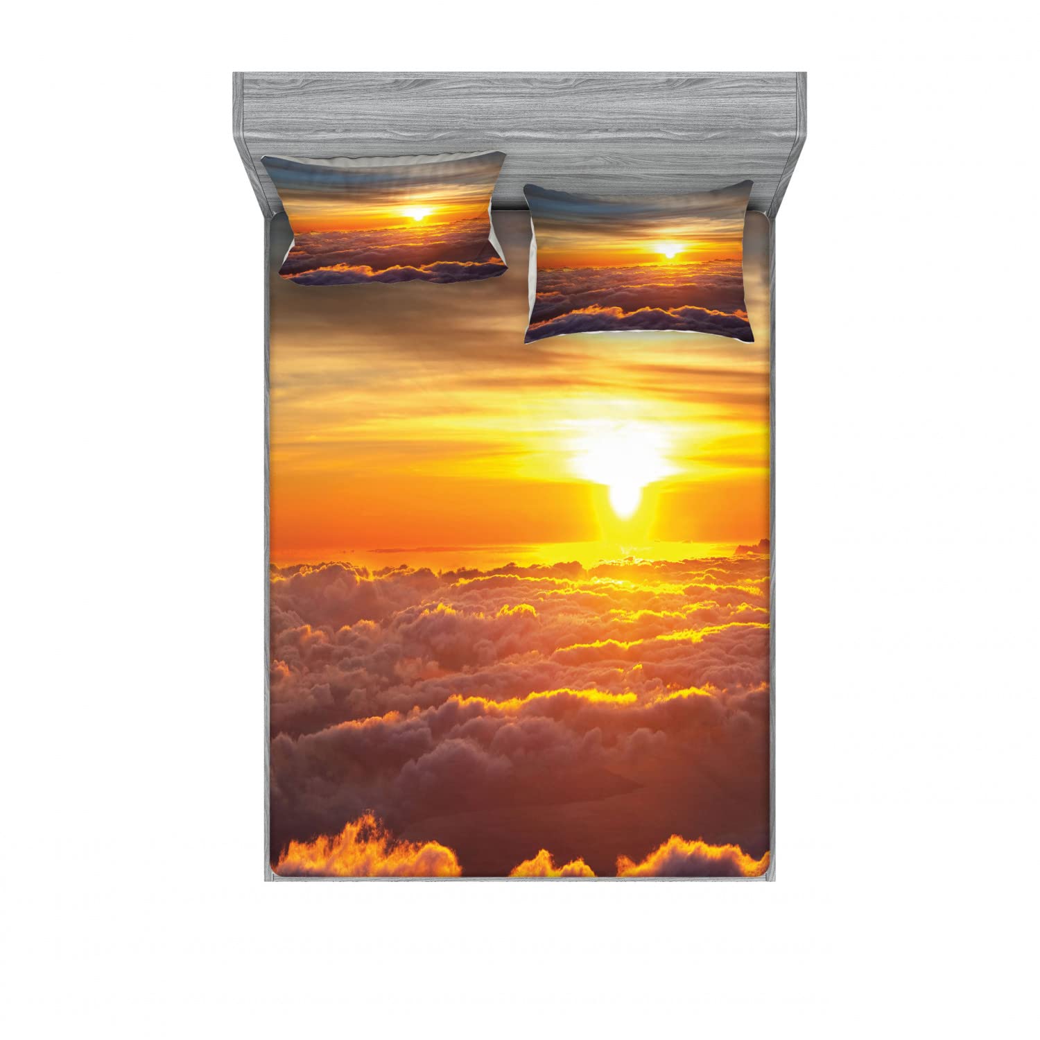 Ambesonne 2-Piece Sunset Clouds Bedding Set - Full Size Fitted Sheets & Pillow Shams (4-Pc Set) | Orange Cloud Pattern Bedroom Decor | Perfect for Guest Rooms, Dorms & Cozy Bedroom Makeovers
