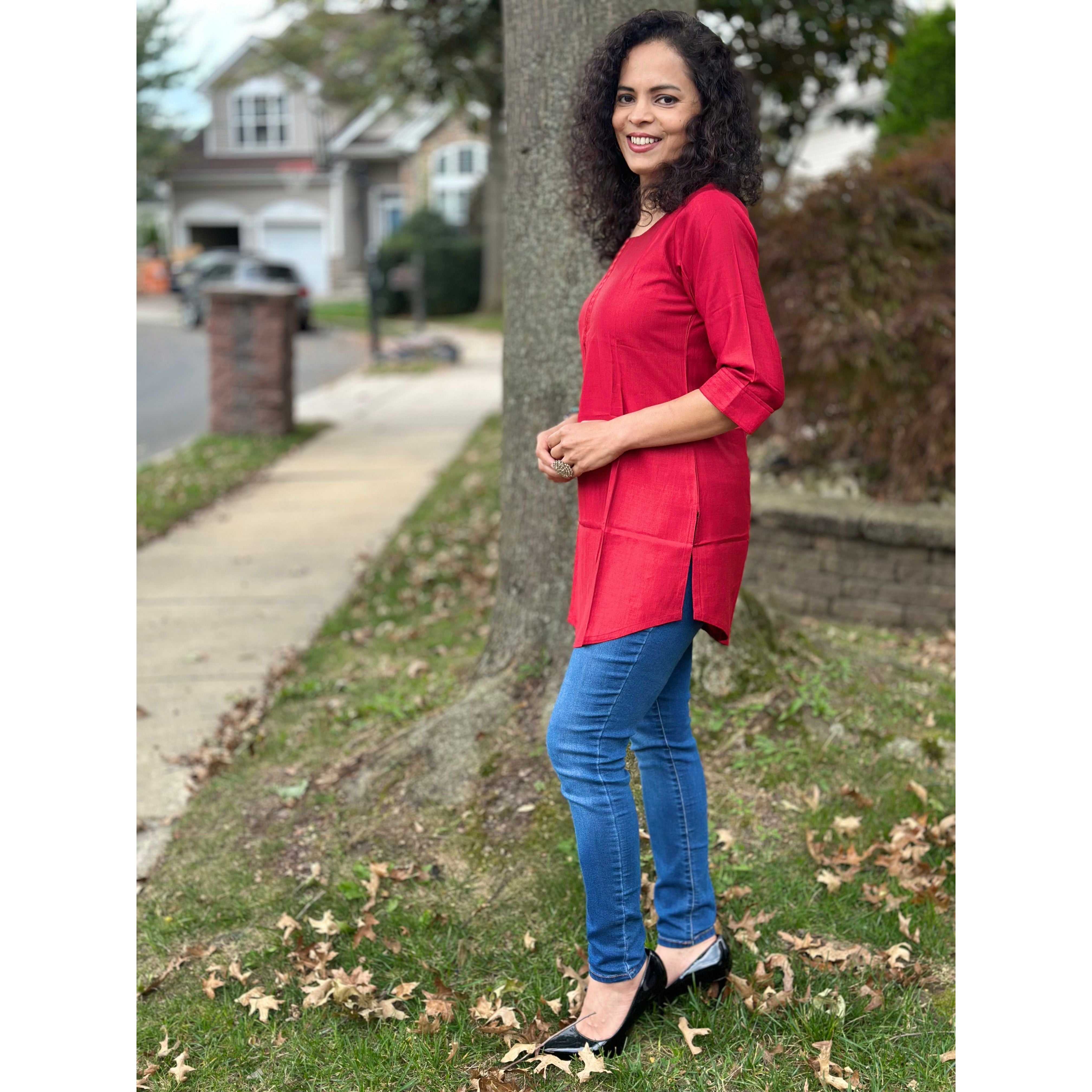 Stylish Red Short Kurti for Women - Trendy Cotton Casual Wear for Summer & Festivals | Perfect for Parties, Outings & Daily Comfort
