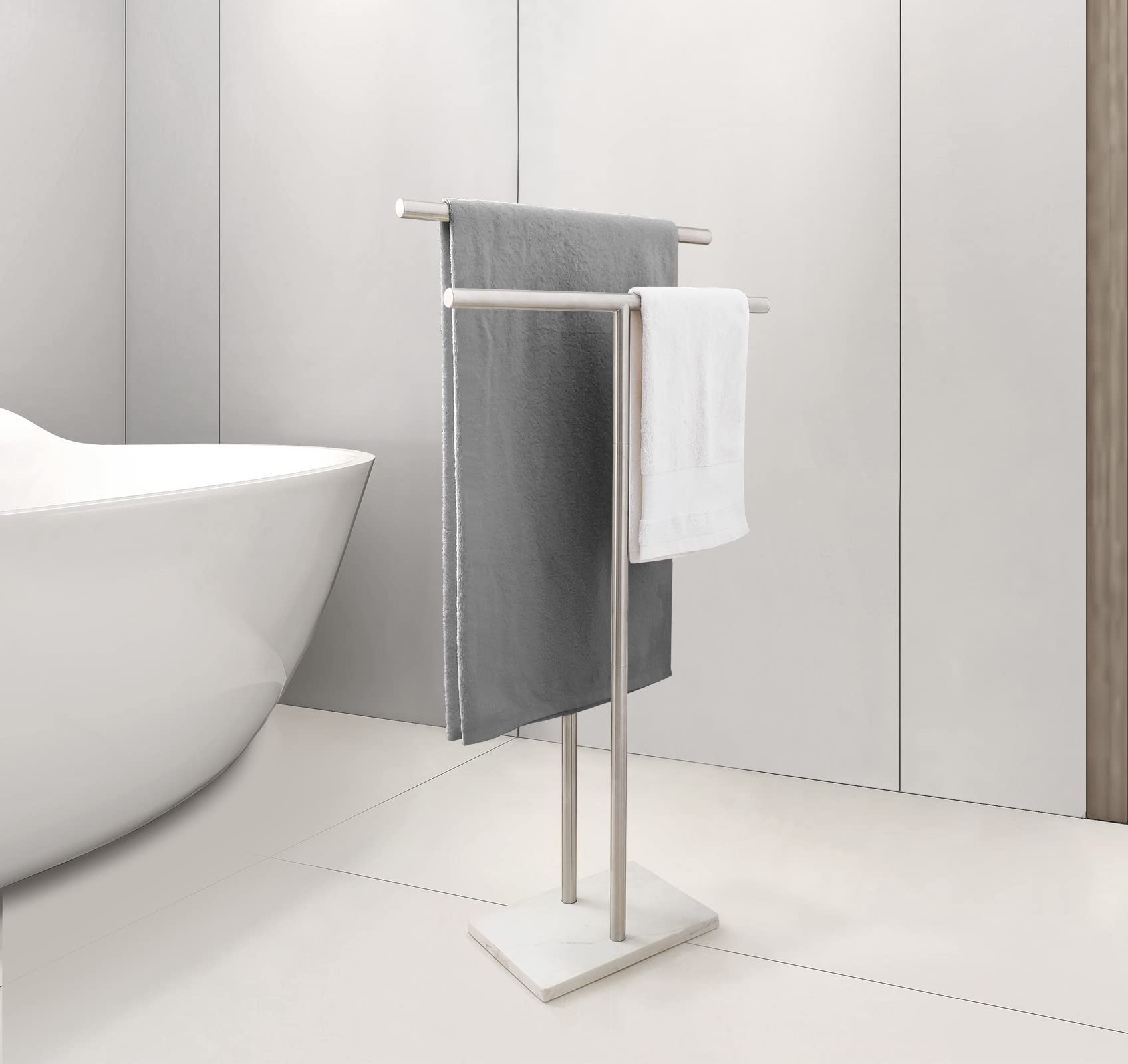 Double-T Shape Freestanding Towel Rack with Marble Base - 2-Tier Stainless Steel Brushed Nickel Bath Sheet Holder for Bathroom Floor - Perfect Next to Tub or Shower for Spa-Like Luxury