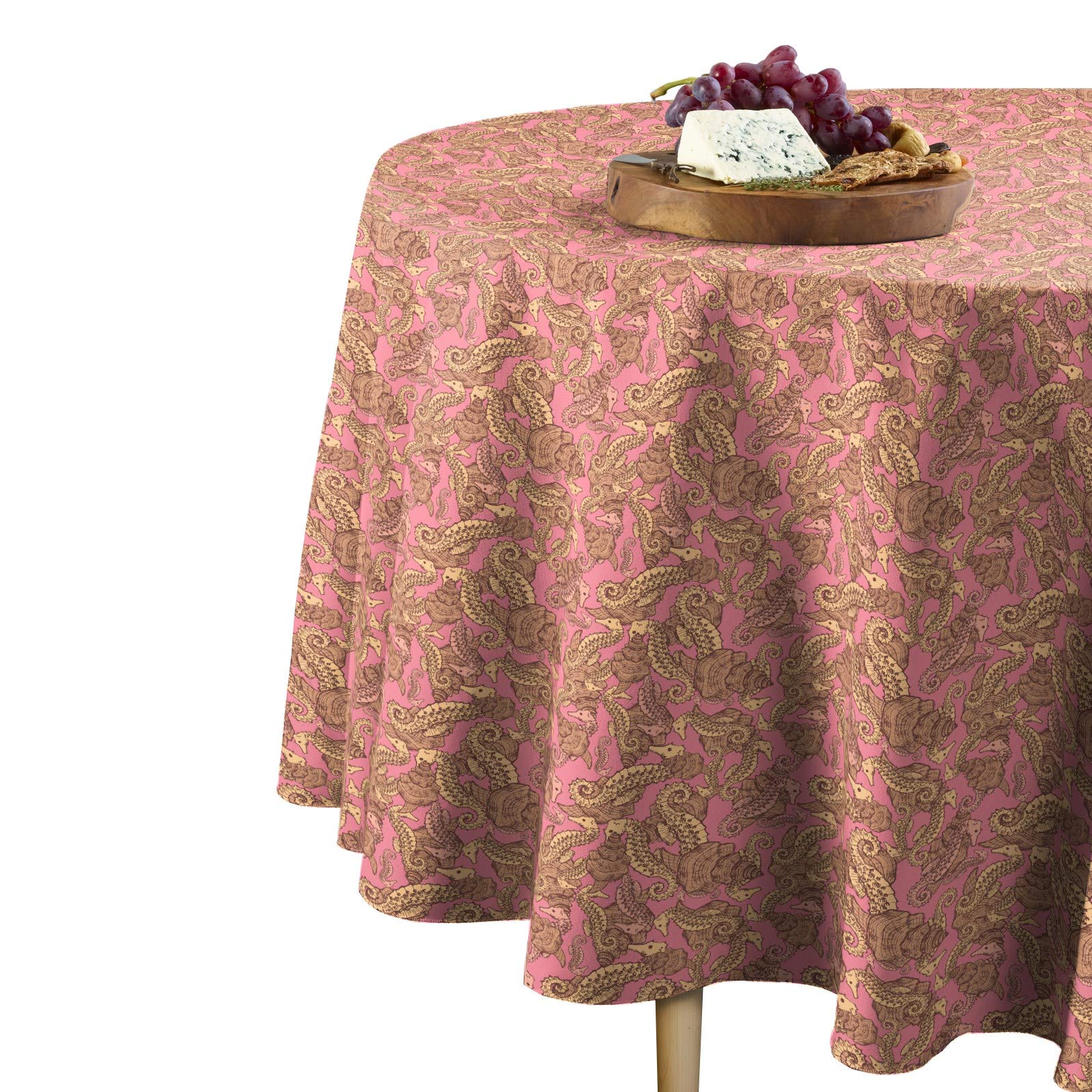 Milliken 100% Polyester Round Tablecloth - 120 Inch Diameter, Machine Washable, Pink Seahorse Design - Perfect for Weddings, Parties, and Home Decor