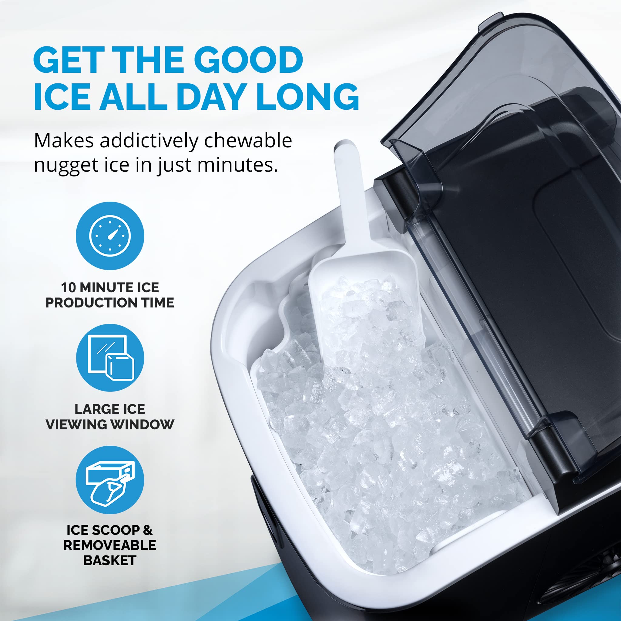 Newair Nugget Countertop Ice Maker Machine - 26 lbs. Daily Output, Self-Cleaning, Refillable Water Tank | Matte Black Electric Sonic Ice Maker for Perfect Nugget Ice | Ideal for Home Kitchens, Offices, Coffee Bars & Entertaining
