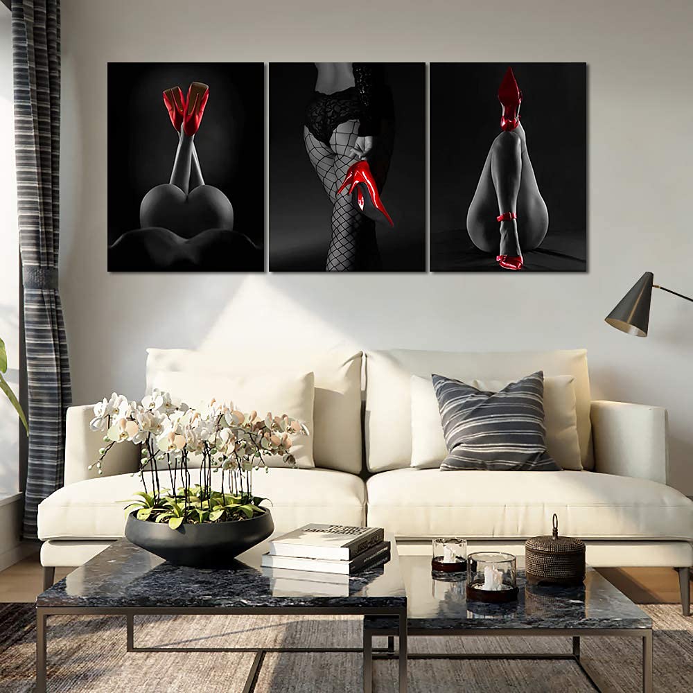 Modern 3-Piece Fashion Oil Painting Set - HD Canvas Wall Art with Sexy Lady Portrait, Black Mesh Socks & Red High Heels - Stretched & Framed Gallery Wrap (60''W x 28''H) - Perfect for Living Room, Bedroom & Office Decor