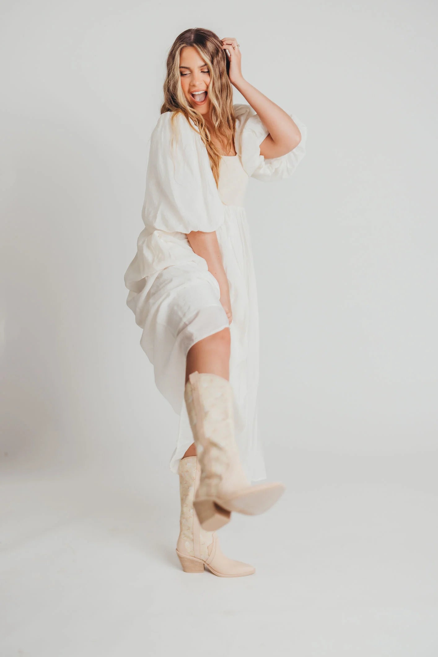 Raina Women's Maternity Midi Dress with Puff Sleeves - Bump Friendly Flowy Summer Dress in Natural - Perfect for Baby Showers, Brunch Dates & Pregnancy Photoshoots