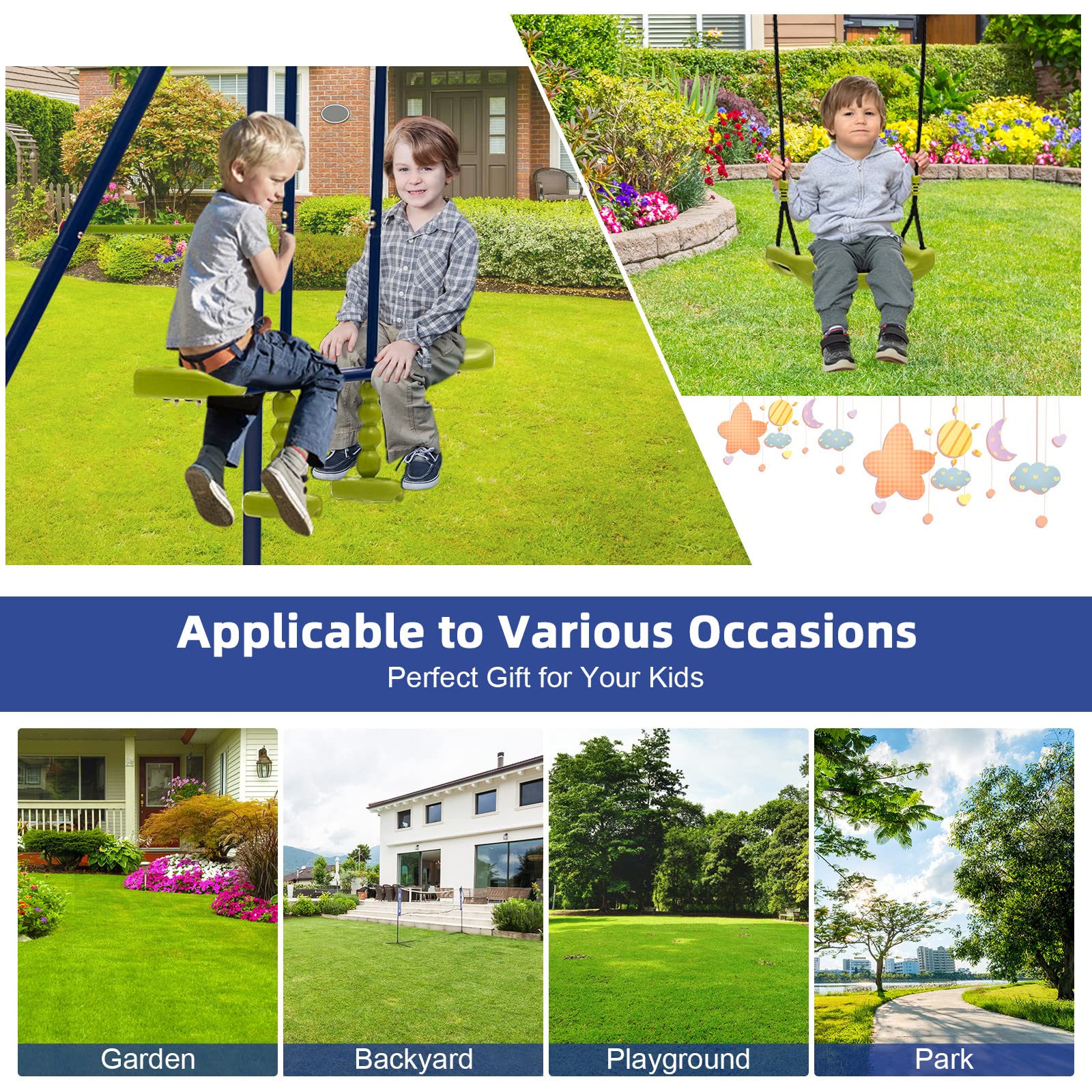 Costzon 440 lbs Heavy Duty 2-in-1 Metal Swing Set for Backyard - Extra Large Outdoor Playground Equipment with 2 Swings, Glider & Adjustable Hanging Ropes - Durable Kids Swing Stand for Gardens, Parks & Play Areas