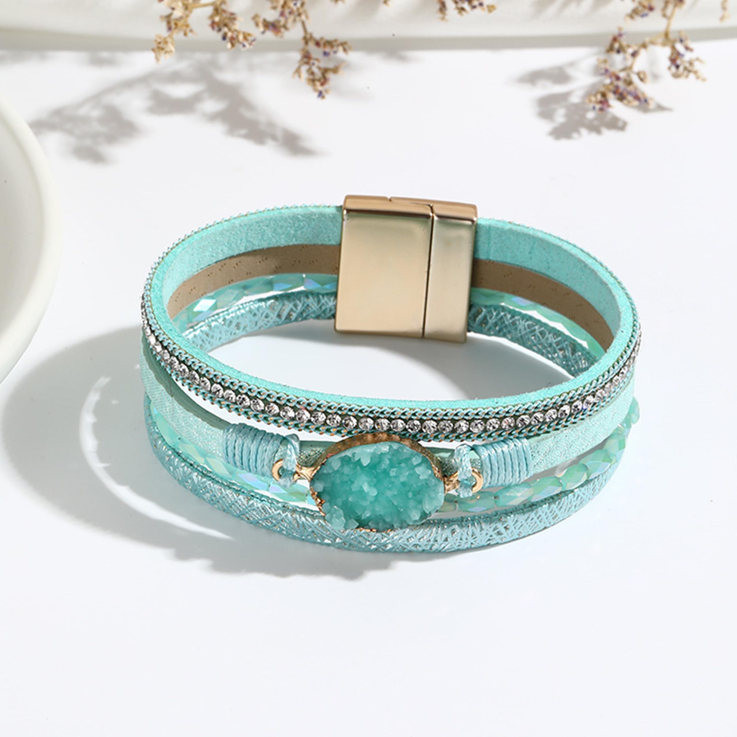 Trendy Blue Leather Wrap Bracelet for Women - Stackable Western Cuff Bracelet, Multi-Layer Boho Jewelry for Everyday Wear & Casual Outfits
