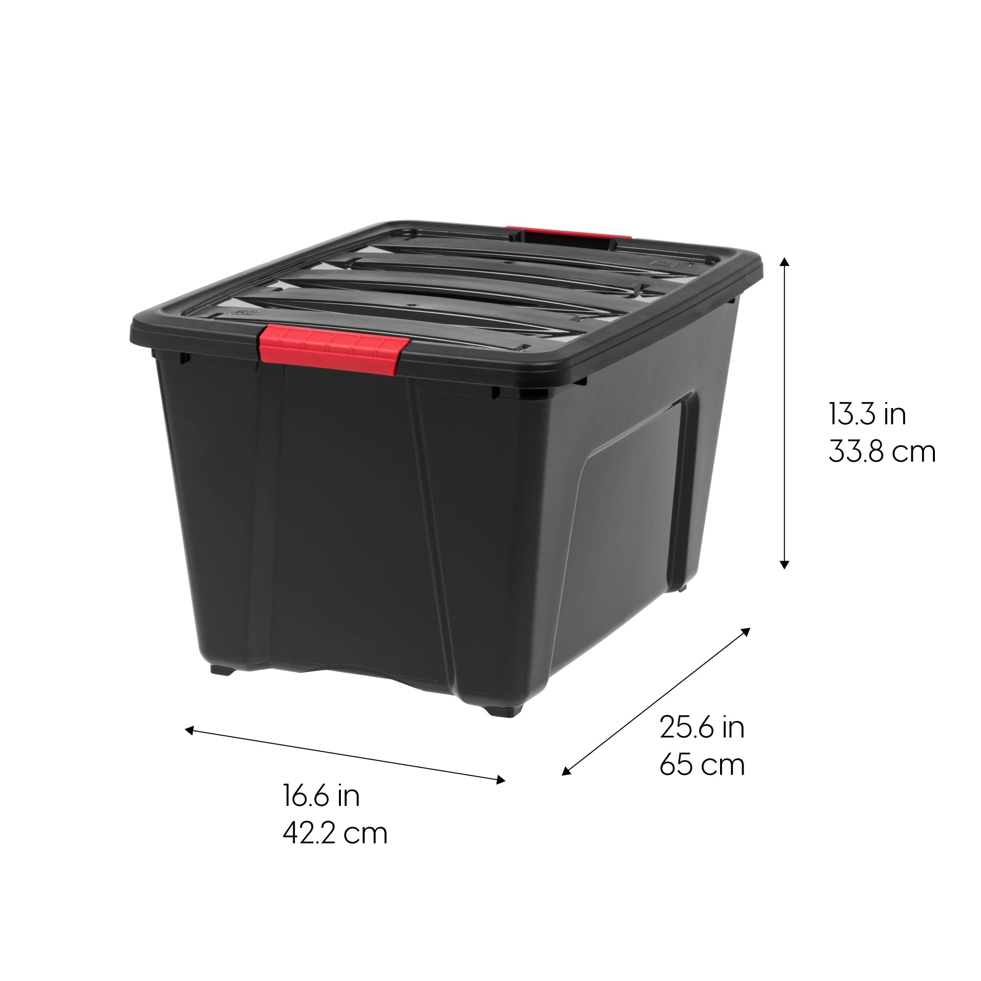 IRIS USA 72 Qt Stackable Plastic Storage Bins with Lids, 4 Pack - BPA-Free, Made in USA - Durable Nestable Containers for Garage, Basement & Closet Organization - Secure Pull Handle & Latches - Black Storage Bins for Home, Office & Warehouse Use