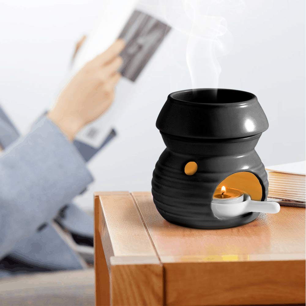**ComSaf Ceramic Essential Oil Burner & Wax Melt Warmer with Candle Spoon - Aromatherapy Diffuser for Yoga, Spa, Home Decor - Perfect Christmas & Housewarming Gift (Black, 1 Pack)**    *(Use for relaxation, meditation, home fragrance, and creating a cozy ambiance)*