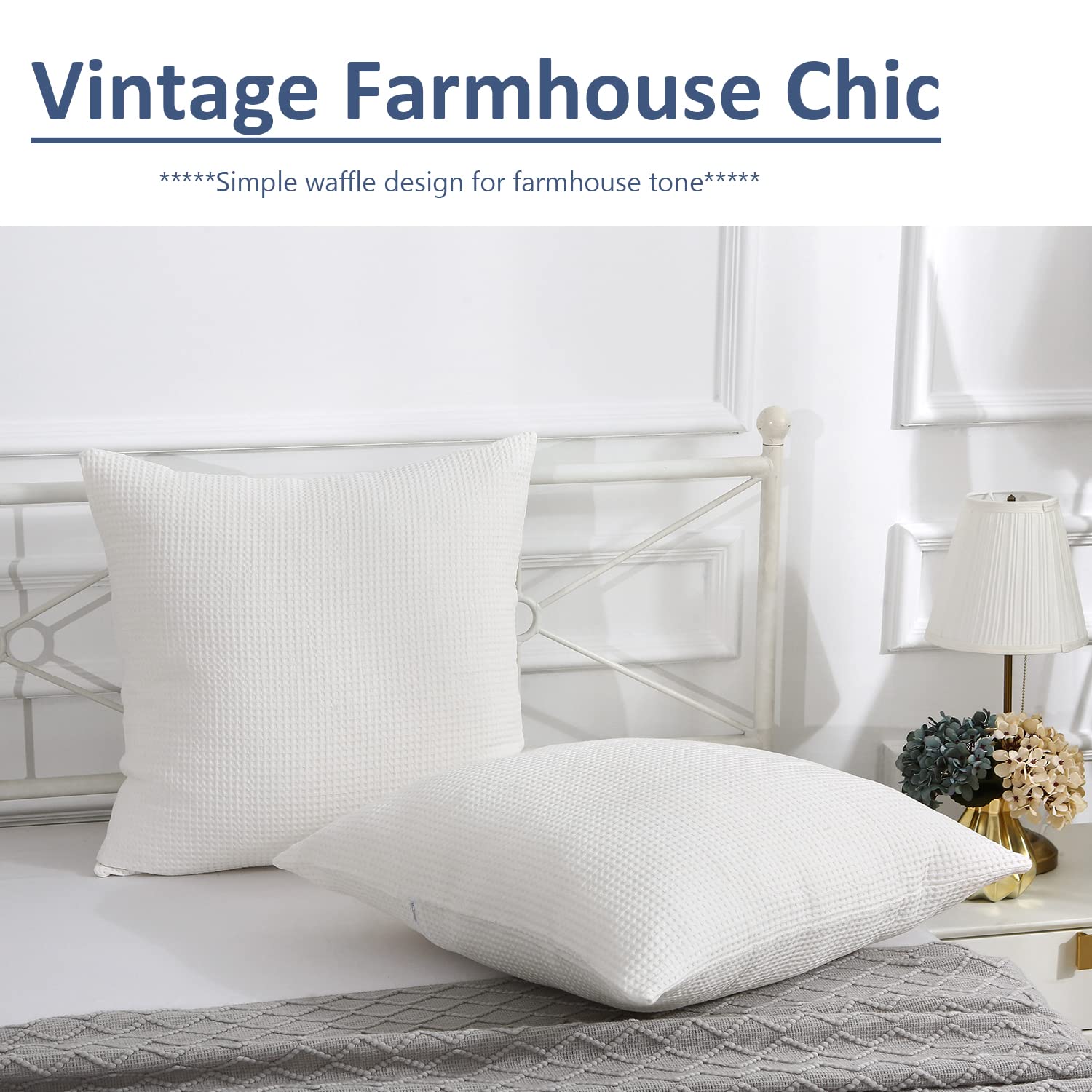 2 Pack White Waffle Weave Euro Pillow Shams 26x26 Inches - 100% Cotton Square Farmhouse Pillow Covers with Zipper Closure for Bedroom, Living Room, Sofa & Couch Decor (White, 26x26)