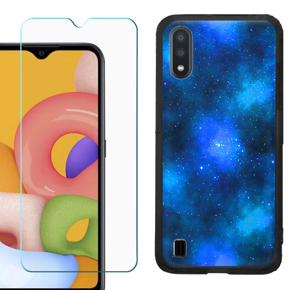 OneToughShield Slim-Fit TPU Phone Case for Samsung Galaxy A01 - Black with Tempered Glass Screen Protector | Durable Protection with Cosmos/Stars Design | Perfect for Everyday Use, Travel & Outdoor Activities