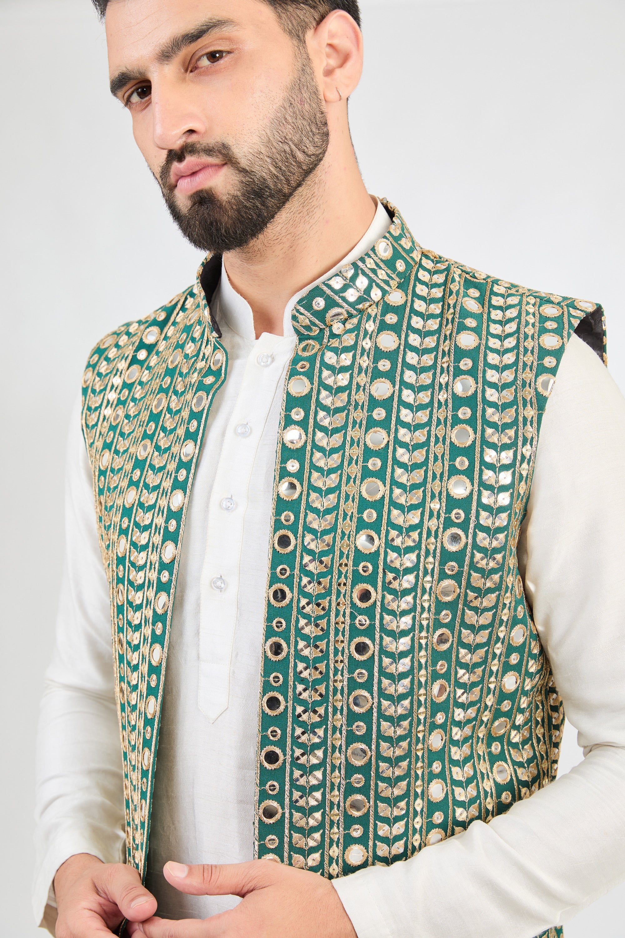 Mehndi Green Heavy Mirror Work Long Open Shrug - Elegant Embroidered Bolero for Weddings, Parties & Festive Occasions