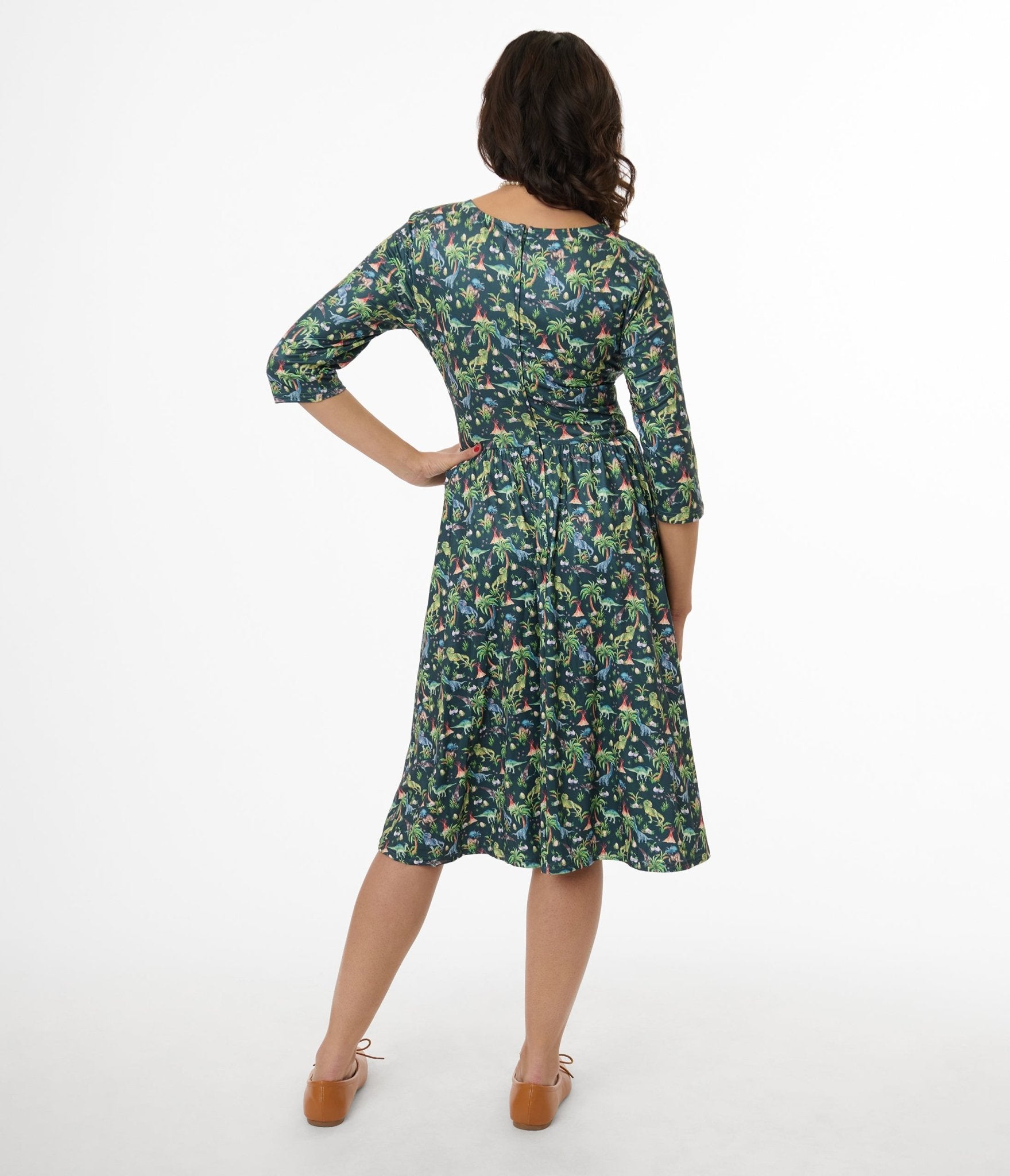 Dolly & Dotty Women's Green Dinosaur Print Billie Swing Dress - Casual Summer Dress for Picnics, Parties & Everyday Wear