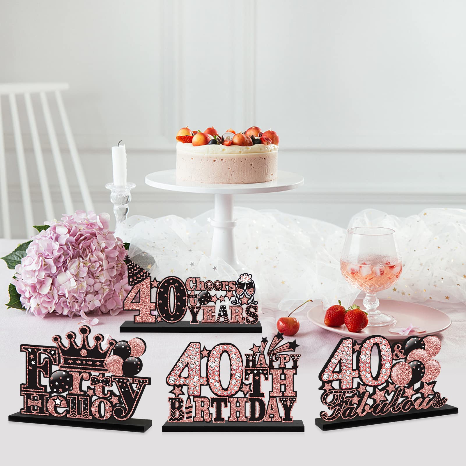 4pcs Rose Gold Pink 40th Birthday Table Decorations for Women - Wooden Centerpieces with 