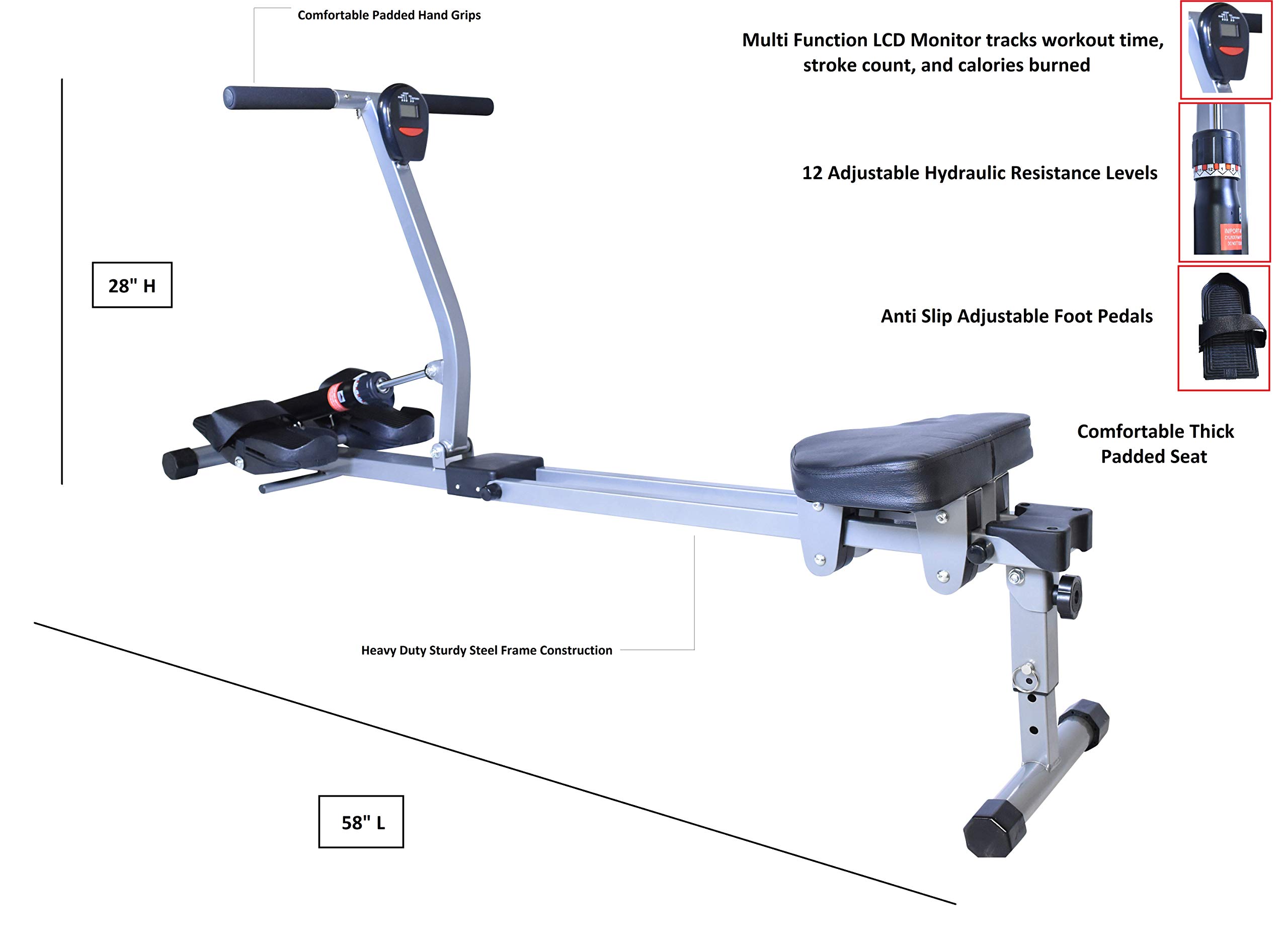 Iron Bar Regatta Rowing Machine Pro - Smart Compact Rower with 12 Hydraulic Resistance Levels | Full Body Workout for Cardio, Muscle Training & Home Gym | LCD Performance Monitor - Perfect for Small Spaces & Apartment Fitness
