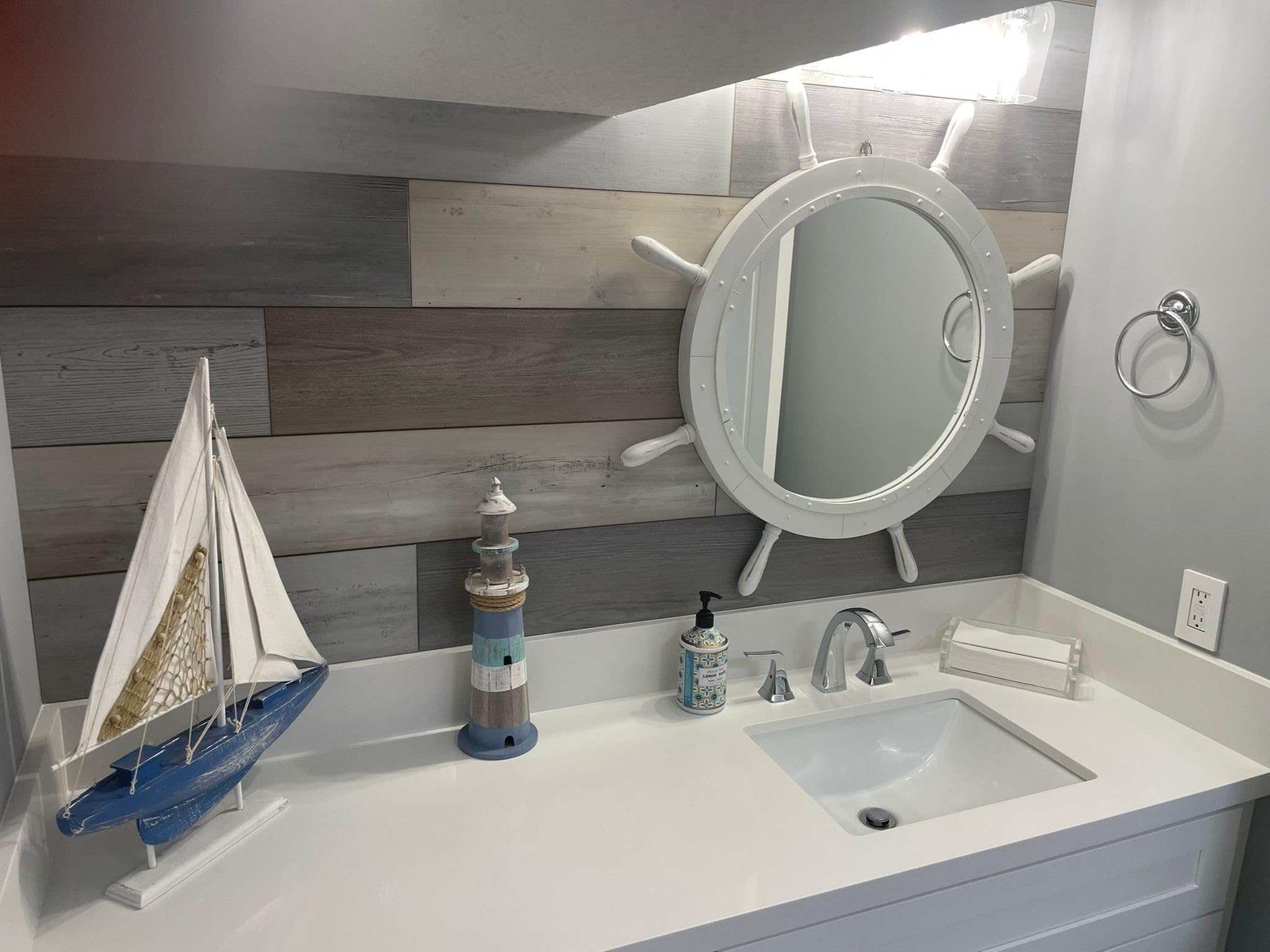 Nagina International Classic White Santorini Nautical Large Mirror Ship Wheel - 30 Inch Wall Mounted Decorative Mirror for Coastal Home Decor, Beach House, Living Room & Bathroom