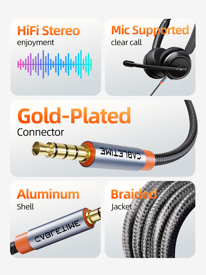 3.5mm TRRS Stereo Aux Cable Male to Male - Compatible with iPad, Samsung Phones, Tablets, Car & Home Stereos, Headphones - Perfect for Music Streaming, Hands-Free Calls & Audio Connections