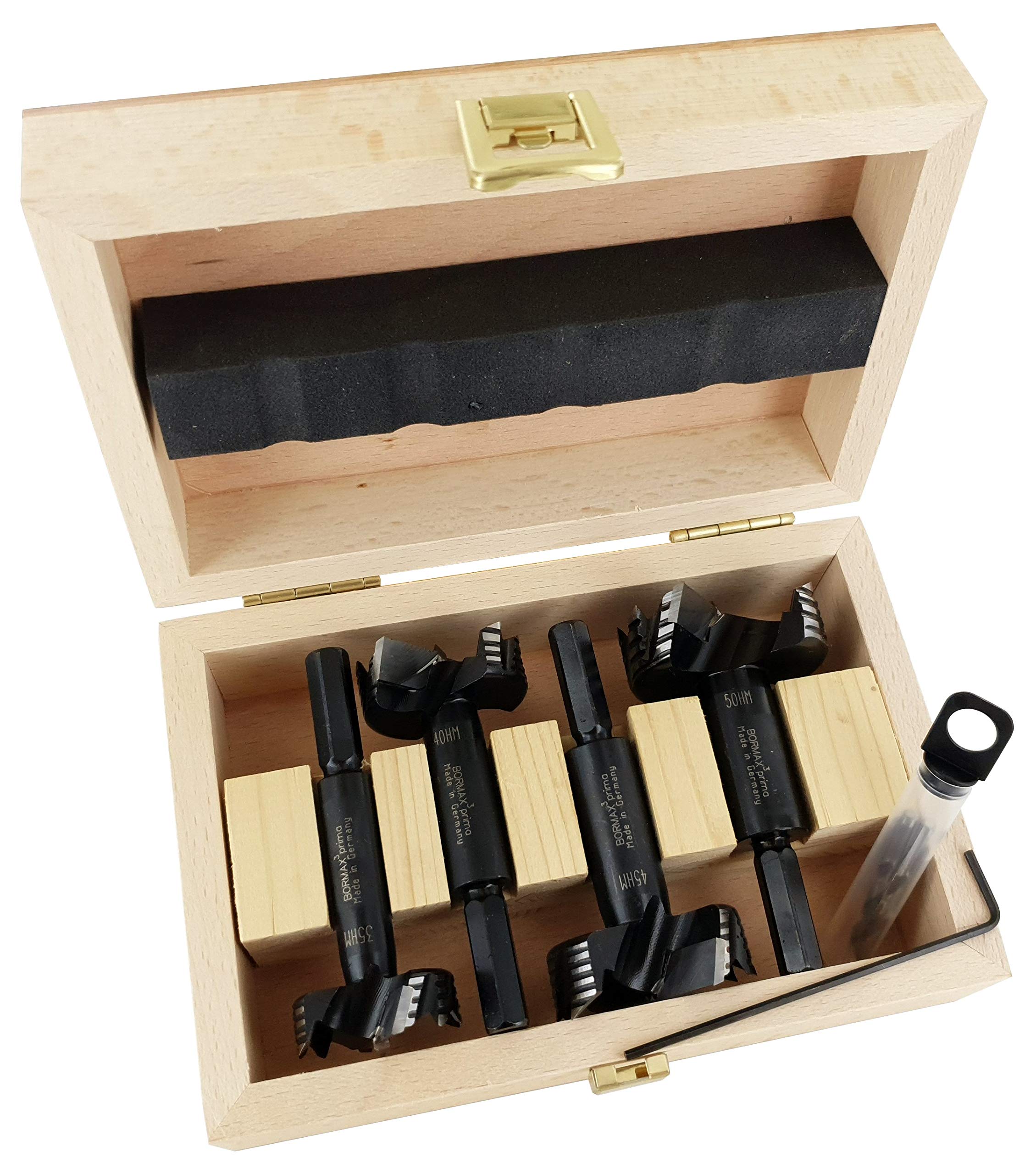 Bormax Prima Carbide Forstner Drill Bit Set - 4 Sizes (35mm, 40mm, 45mm, 50mm) - Premium Wooden Case - Perfect for Woodworking, Cabinetry & DIY Projects