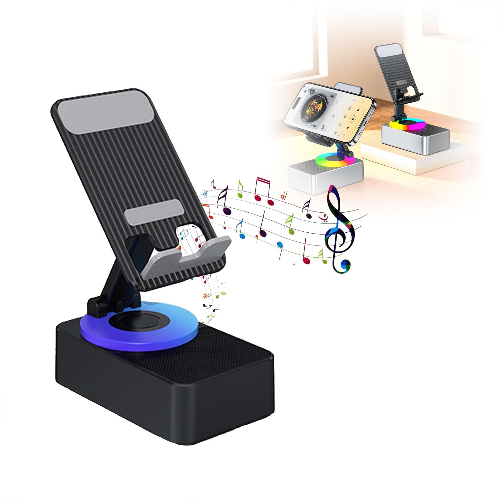 360° Rotatable Adjustable Bluetooth Speaker Phone Stand - Wireless Charging Holder with Built-in Speaker for iPhone & Android - Perfect for Home, Office & Car Use