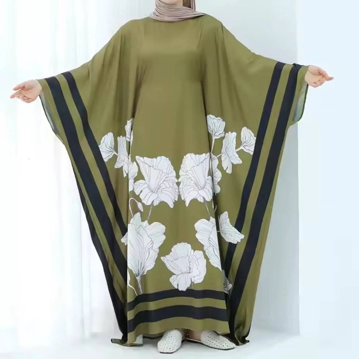 Elegant Satin Abaya Dress with Butterfly Sleeves - Floral Printed Islamic Prayer Dress in Maroon, Green, Pink & White - Perfect for Eid, Ramadan & Special Occasions