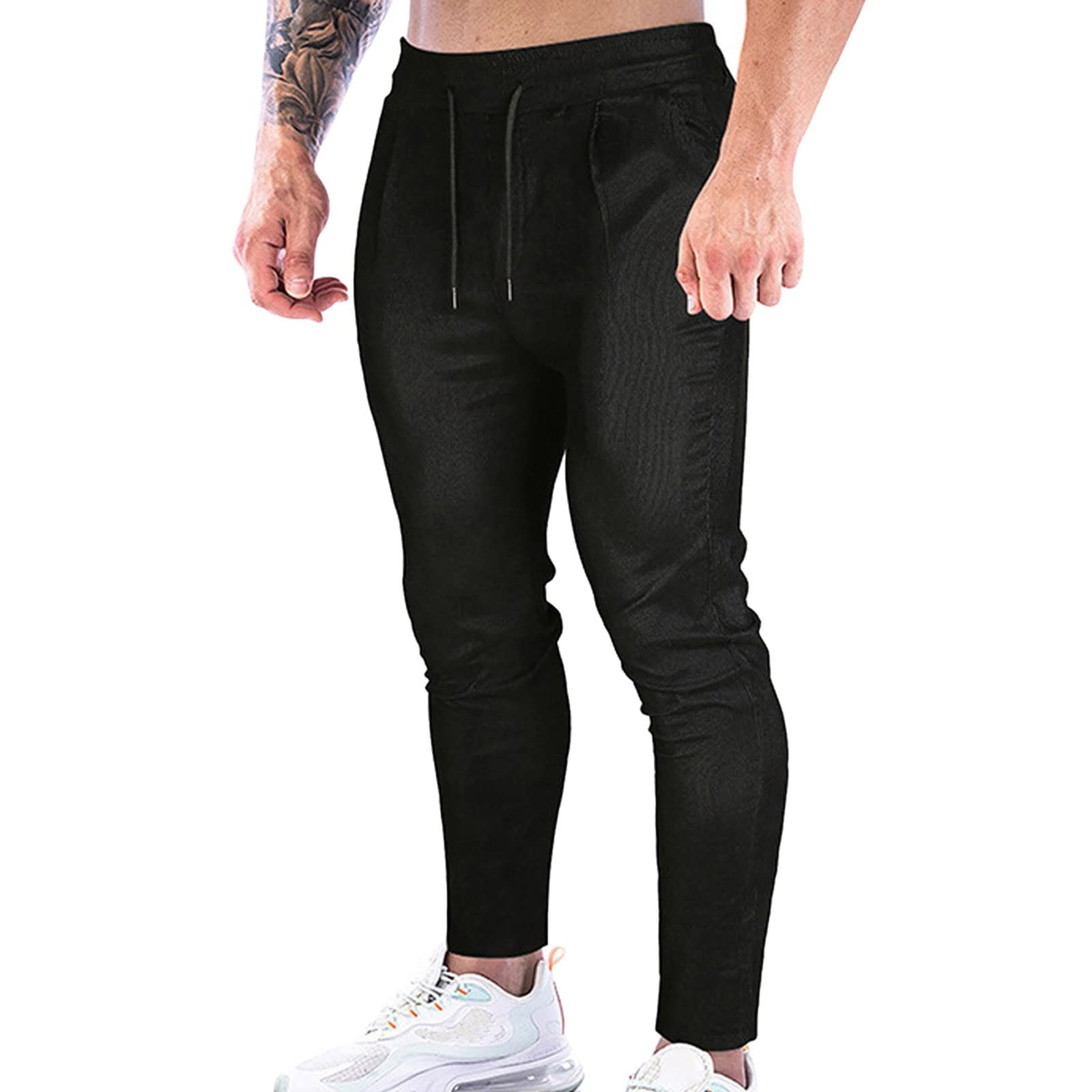 QWENTMTNTY Men's Slim Fit Training Pants with Pockets - Athletic Yoga Joggers for Gym & Casual Wear - Mid Waist Sweatpants in Black (Perfect for Workouts, Running, Lounge & Everyday Comfort)