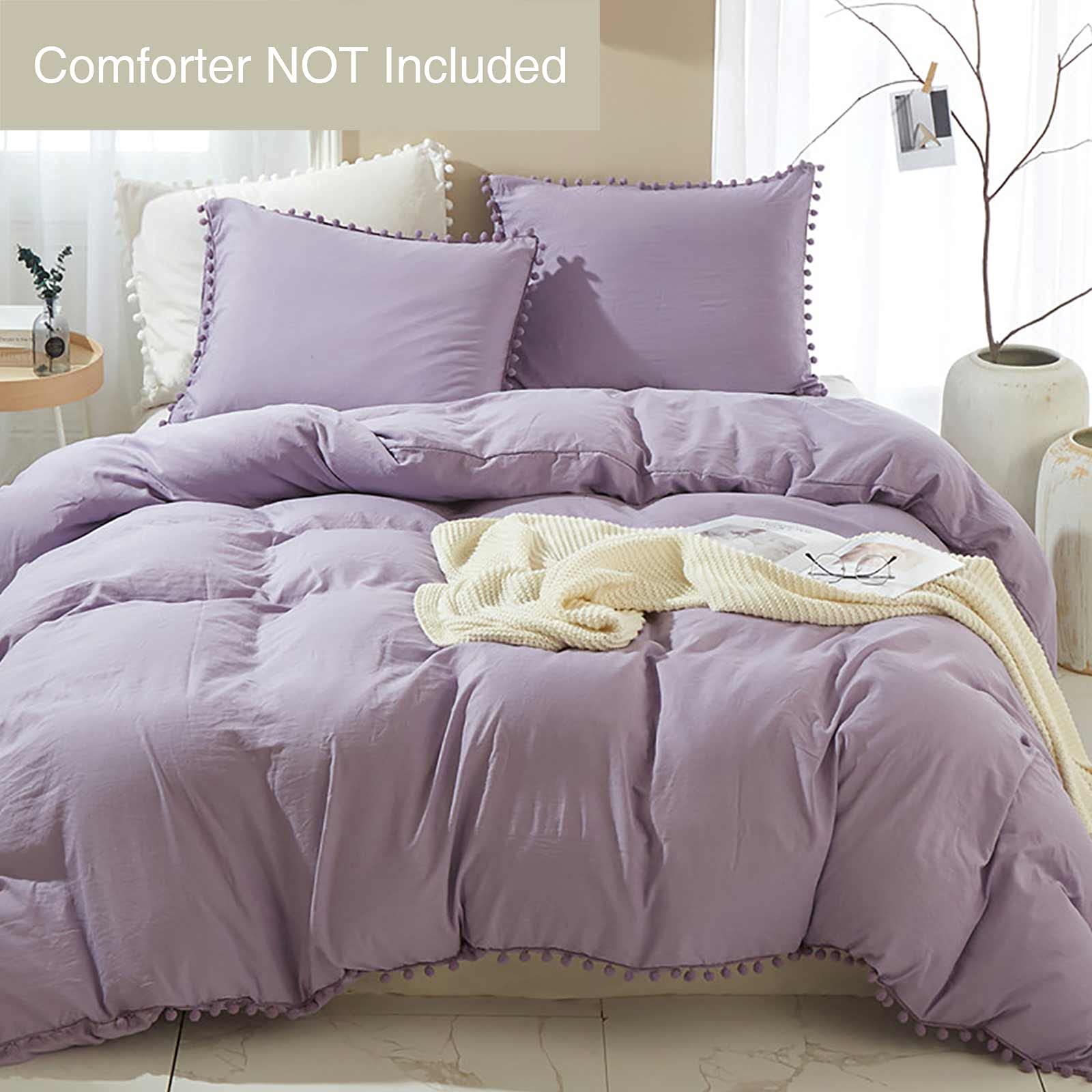 ETDIFFE Lavender Pom Duvet Cover Twin Size - 2 Piece Boho Bohemian Farmhouse Microfiber Quilt Cover Set - Soft & Lightweight Bedding Comforter Cover, Solid Purple Pompom Trim - Perfect for Guest Rooms, Dorm Decor & Cozy Bedroom Makeover