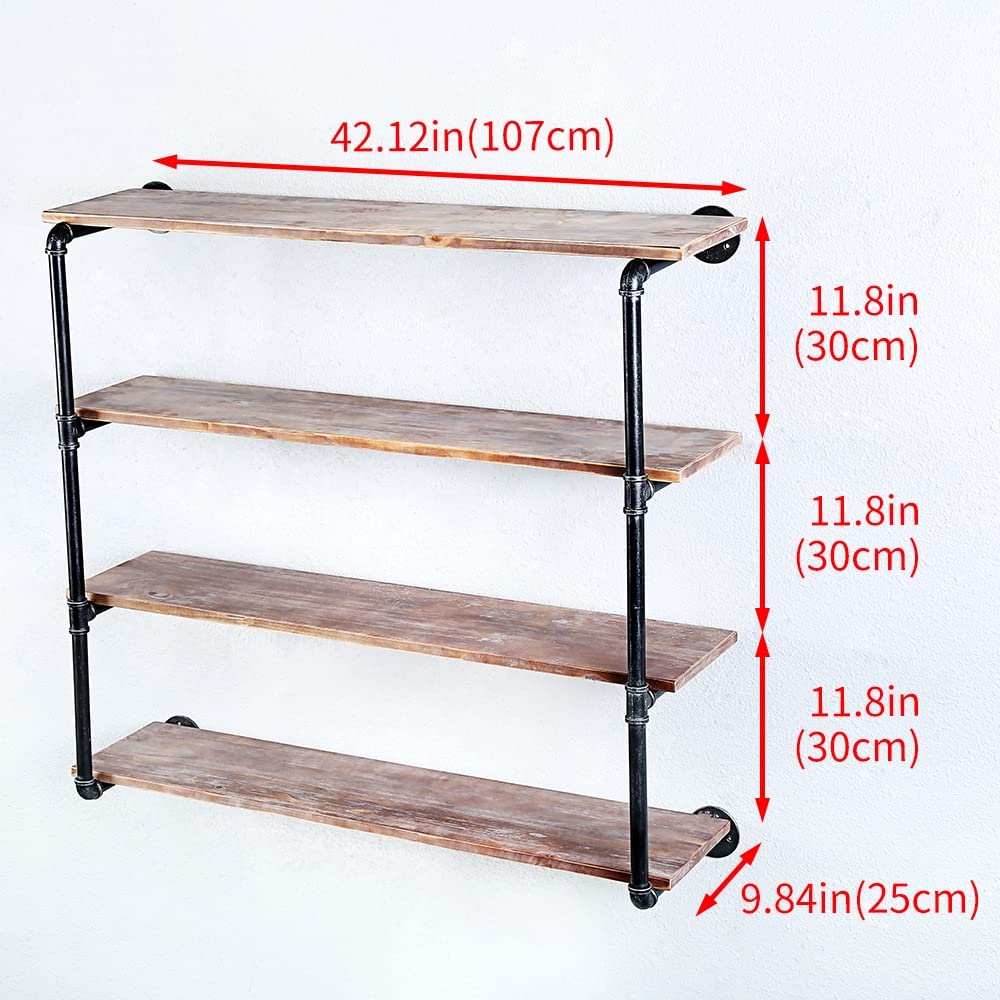 Industrial Pipe Floating Shelves with Wood Shelf - 4 Tier 42 Inch Wall Mounted Metal Book Shelves for Living Room, Bedroom & Office Storage