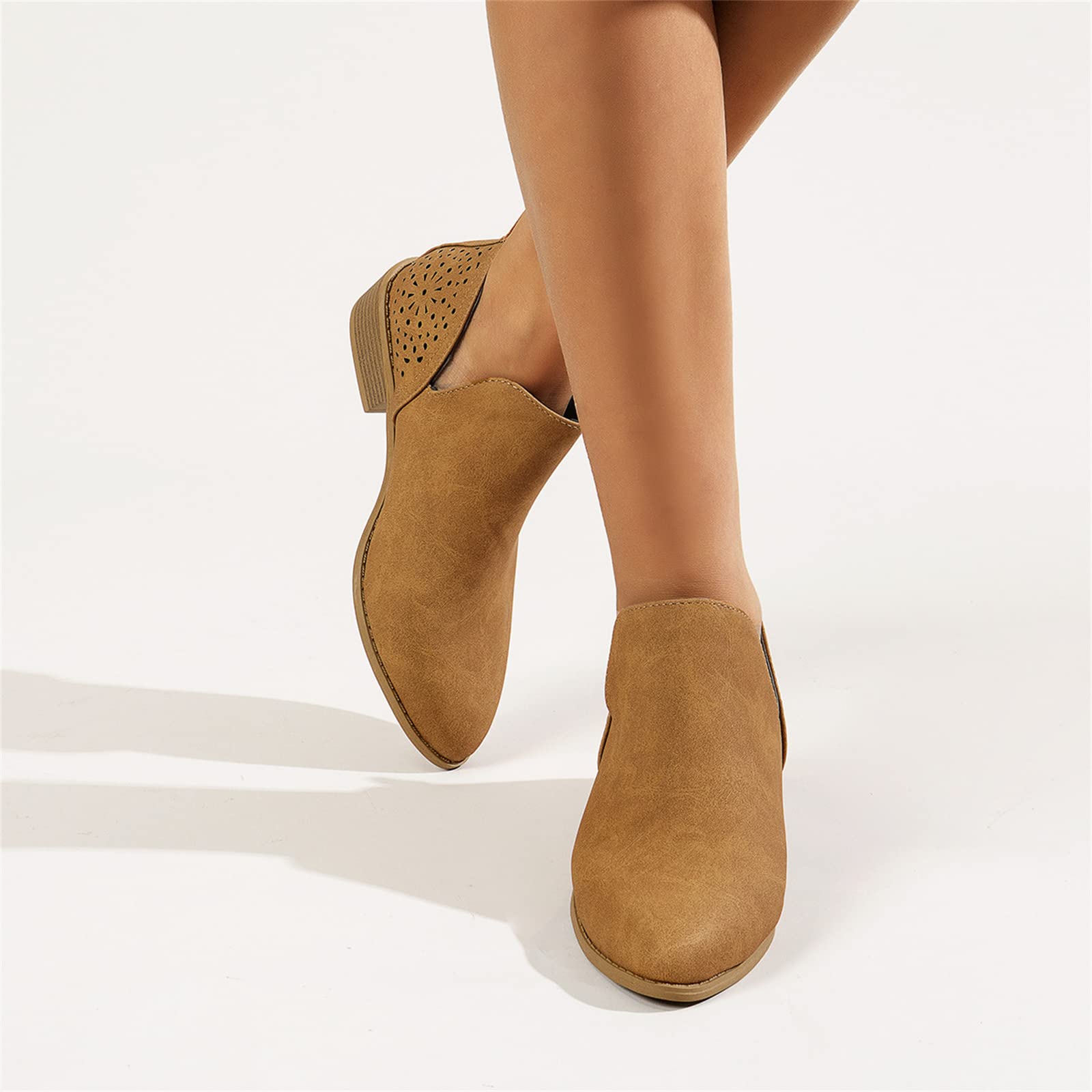 Lausiuoe Women's Ankle Booties - Low Heel Cutout Block Chunky Heel Slip On Fashion Boots for Casual & Dressy Outfits | Perfect for Office, Date Night & Fall/Winter Style
