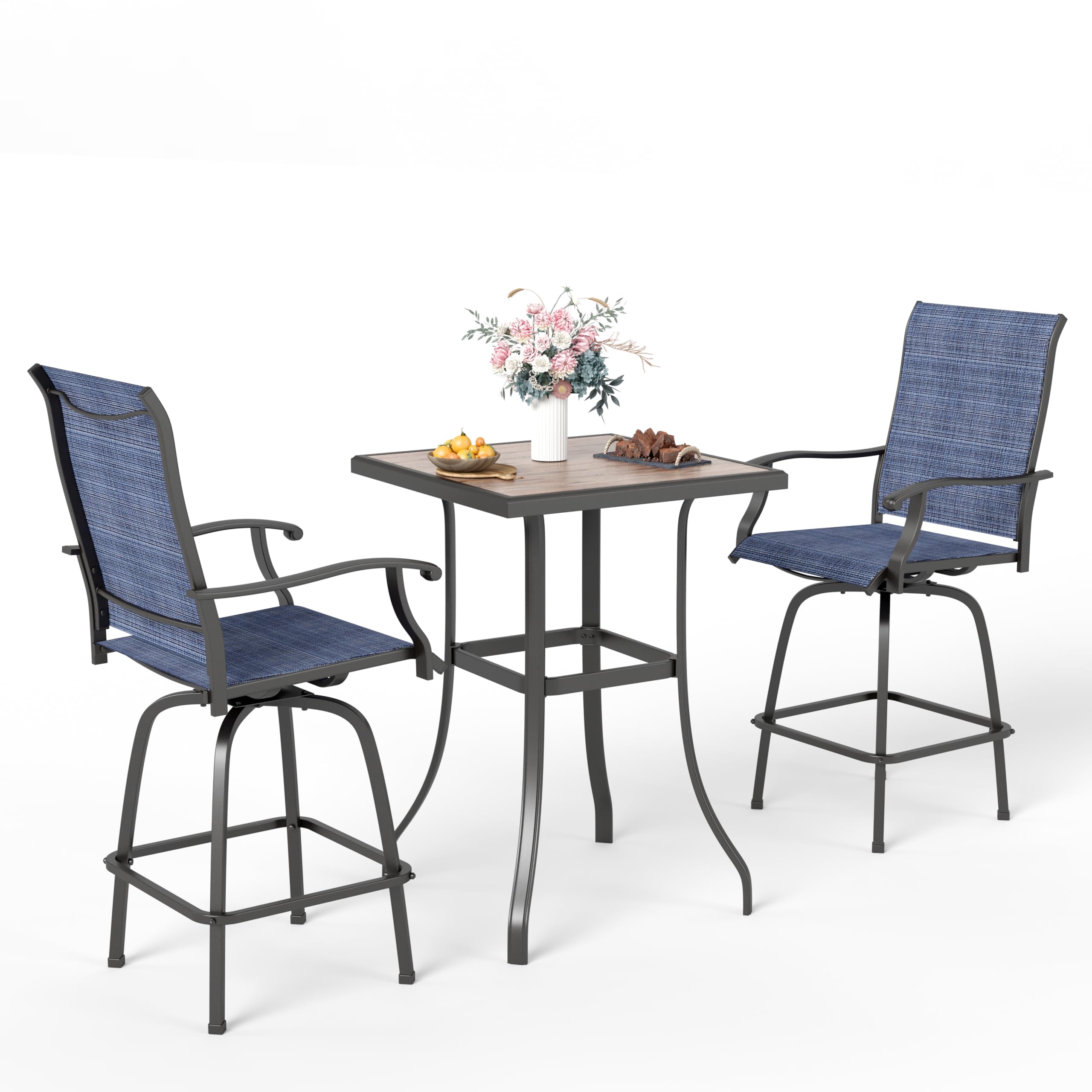 **Sophia & William Outdoor Bar Set - 2 Swivel Bar Chairs (Blue) & 1 Square Bar Table (Wood-Like) - Patio Furniture for Backyard, Deck, or Poolside Relaxation**
