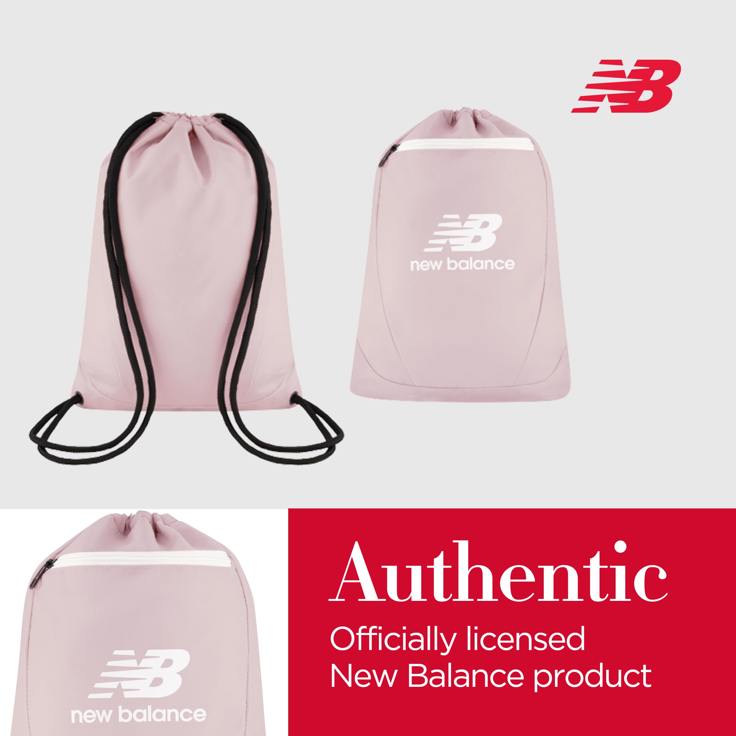 New Balance Small Drawstring Backpack - 17.5 Inch Lightweight Gym Bag with Front Zip Pocket for Men & Women | Perfect for Sports, Travel & School - Blush Pink