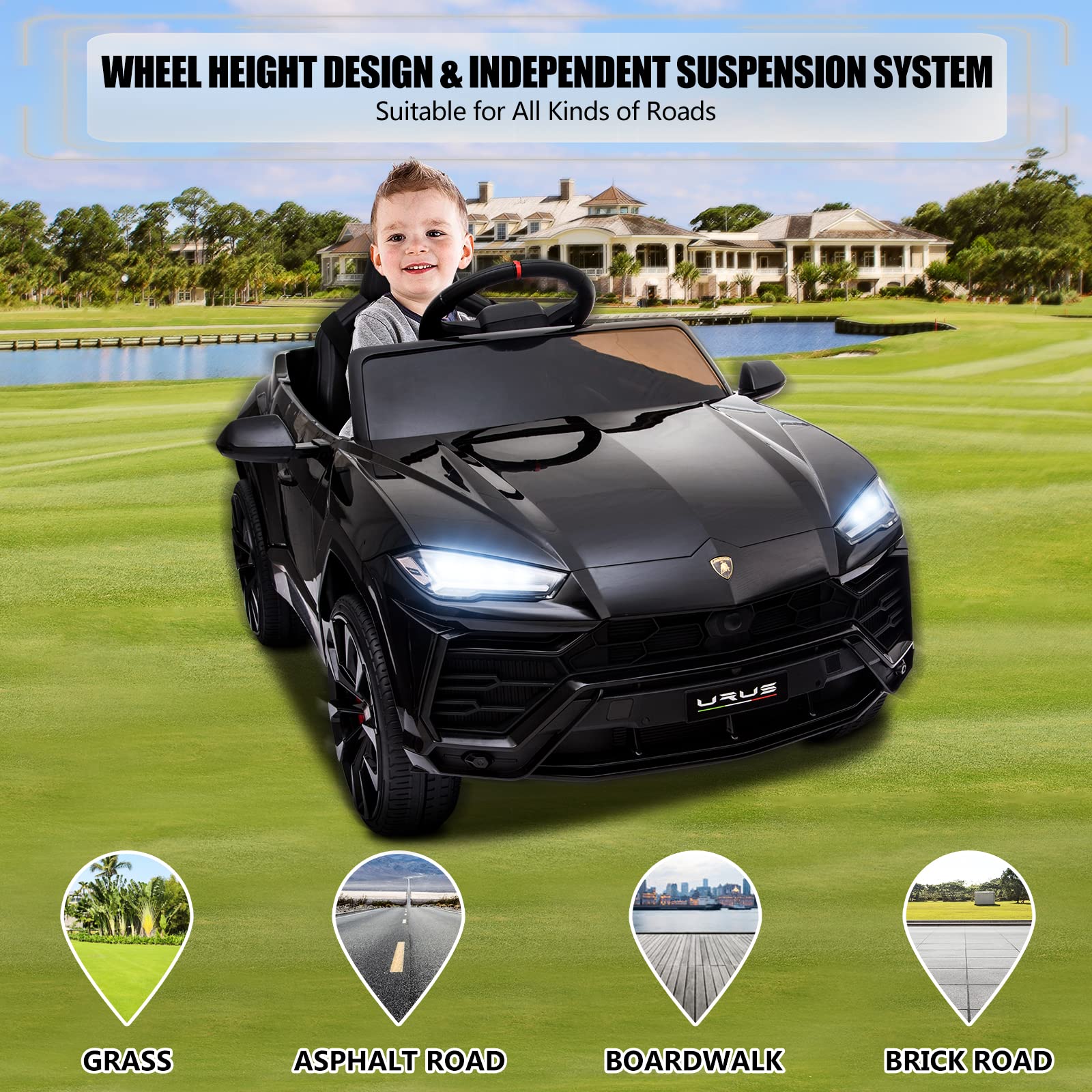 12V Licensed Lamborghini Kids Electric Ride On Car with Remote Control - AUX, Spring Suspension, LED Lights & Music - Perfect for Birthday Gifts & Outdoor Play (Black)